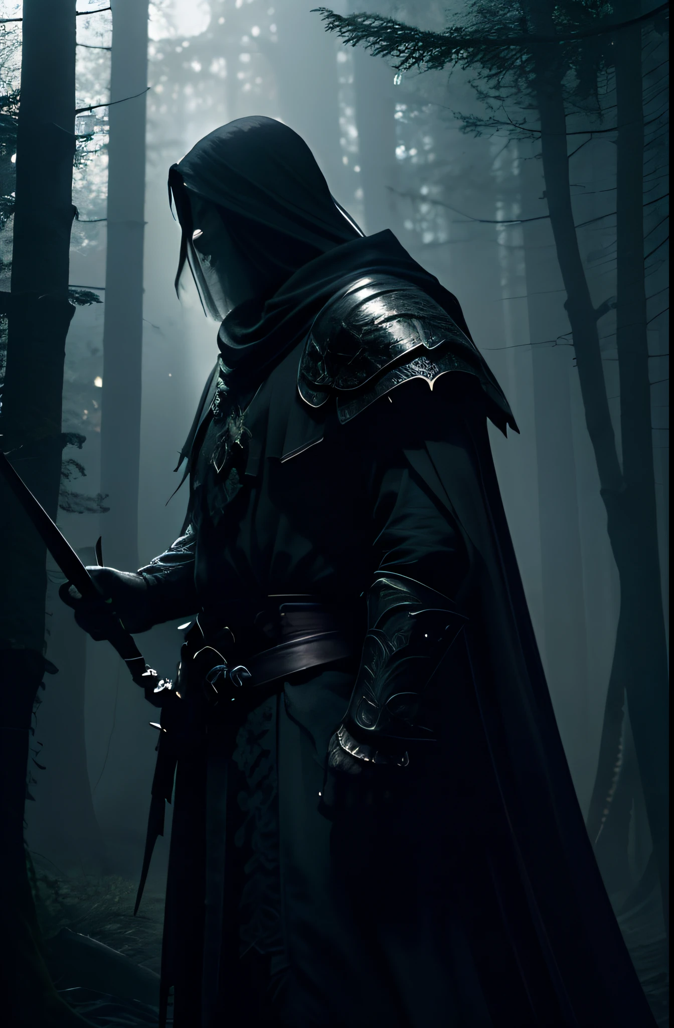 (best quality,4k,masterpiece:1.2),man standing in a dark forest,knight's armor,detailed sword,dark fantasy,haunting atmosphere,ominous shadows,ethereal glow,ancient trees,thick mist,mysterious figures,moonlit sky,whispering winds,creepy ambiance,highly textured armor,ornate engravings,cold moonlight pierces through the canopy,magic runes etched on the sword's hilt,foreboding presence,ominous castles in the distance,crumbling ruins,secrets hidden within the forest,ominous silhouette emerging from the shadows,dark aura emanating from the man,dagger-like moonlight cutting through the darkness,haunted by the echoes of forgotten whispers,sublime darkness shrouding the landscape,uncanny stillness in the air,enchanted atmosphere that holds ancient secrets,dreadful beauty,enchanted forest,stoic and resolute man amidst the darkness,hidden pathways leading to realms unknown,unseen creatures lurking in the depths,tormented souls roaming the haunted woods eyes,palpable tension,menacing presence,ominous vibes.