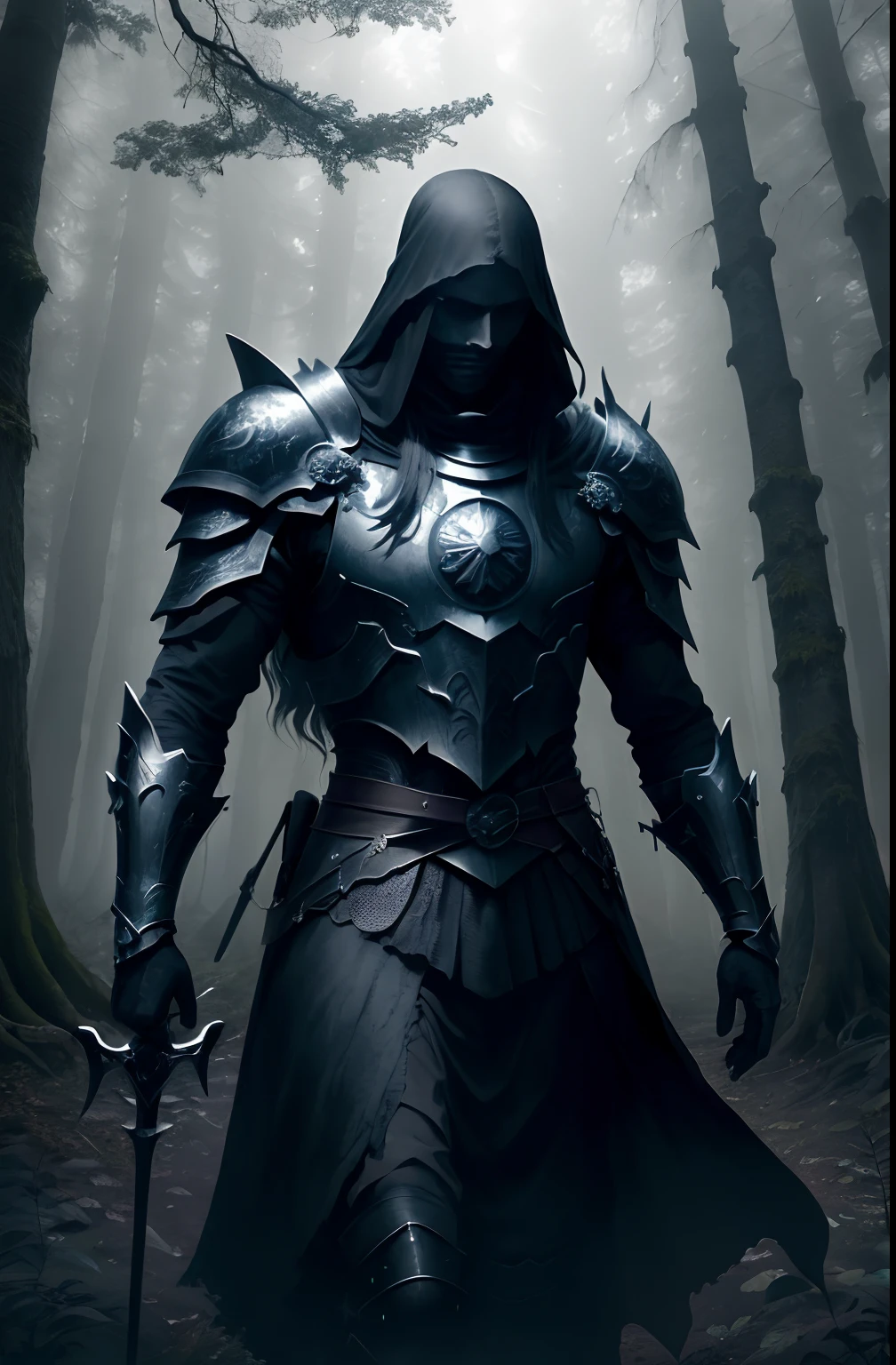 (best quality,4k,masterpiece:1.2),man standing in a dark forest,knight's armor,detailed sword,dark fantasy,haunting atmosphere,ominous shadows,ethereal glow,ancient trees,thick mist,mysterious figures,moonlit sky,whispering winds,creepy ambiance,highly textured armor,ornate engravings,cold moonlight pierces through the canopy,magic runes etched on the sword's hilt,foreboding presence,ominous castles in the distance,crumbling ruins,secrets hidden within the forest,ominous silhouette emerging from the shadows,dark aura emanating from the man,dagger-like moonlight cutting through the darkness,haunted by the echoes of forgotten whispers,sublime darkness shrouding the landscape,uncanny stillness in the air,enchanted atmosphere that holds ancient secrets,dreadful beauty,enchanted forest,stoic and resolute man amidst the darkness,hidden pathways leading to realms unknown,unseen creatures lurking in the depths,tormented souls roaming the haunted woods eyes,palpable tension,menacing presence,ominous vibes.