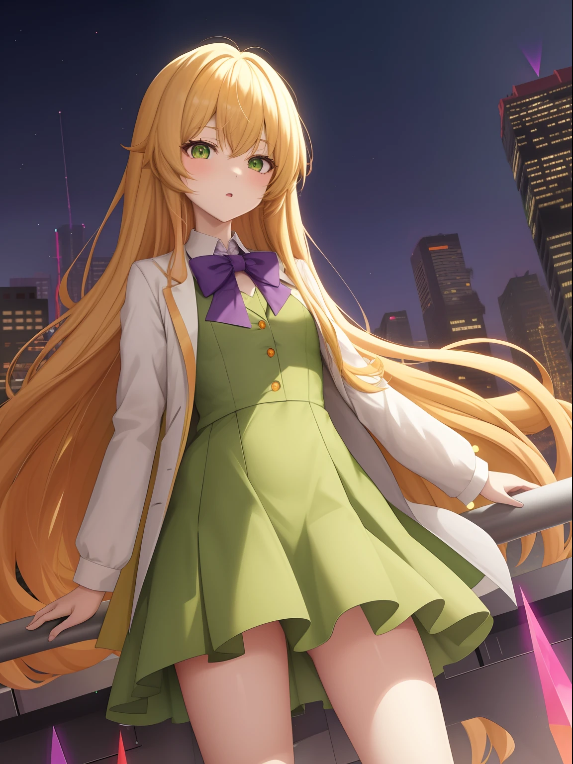 Anime Chorus of the Prisms - Girl, petite, long golden hair, cream-colored eyes, green-orange dress, torn lab coat, purple stockings, standing on a high-rise building in one of the destroyed land cities, is a "quantum ghost"