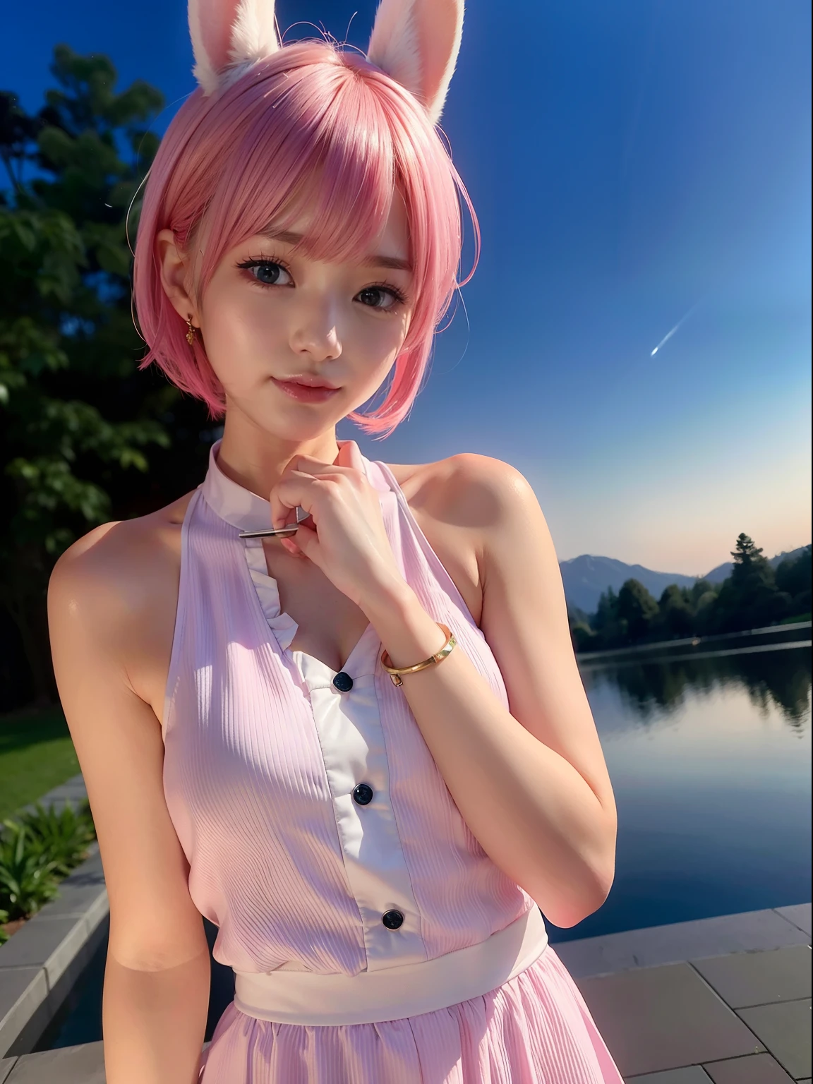 Open-air bath at night、Pink short cut hair,(8K, top-quality, masterpiece:1.2), (realisitic, Photorealsitic:1.37), ultra-detailliert, 1 girl in, Whole body esbifa layer、cute little、独奏、Beautiful detailed night sky、(Beautiful sleeping face:1.15)、(Eyes closed)、tiny chest、I closed my eyes to the beautiful details、small tits、(short-hair:1.2)、Floating Hair NovaFrogStyle、masuter piece、Pink Shortcut Bob、Realistic rabbit ears、Pink realistic rabbit ears、Realistic ears of rabbits sticking out of the head、Pink hair、Beautiful girl in her 20s、Bewitching atmosphere、Beautiful shaped hands、K-POP、Pink rabbit ears、1 girl in、独奏、masterpiece、top-quality、realisitic、Hyper-detailing、(Glossy skin:1.4)、absurderes、short pink hair、Slender beauties、动态照明、hight resolution、foco nítido、depth of fields、(thick thight:1.0)、A slender :1.2,((Short-cut bob hair))、((k pop:1.3)),Highly detailed facial and skin texture、((魅惑的)),Anatomically correct number of fingers,Correct anatomy