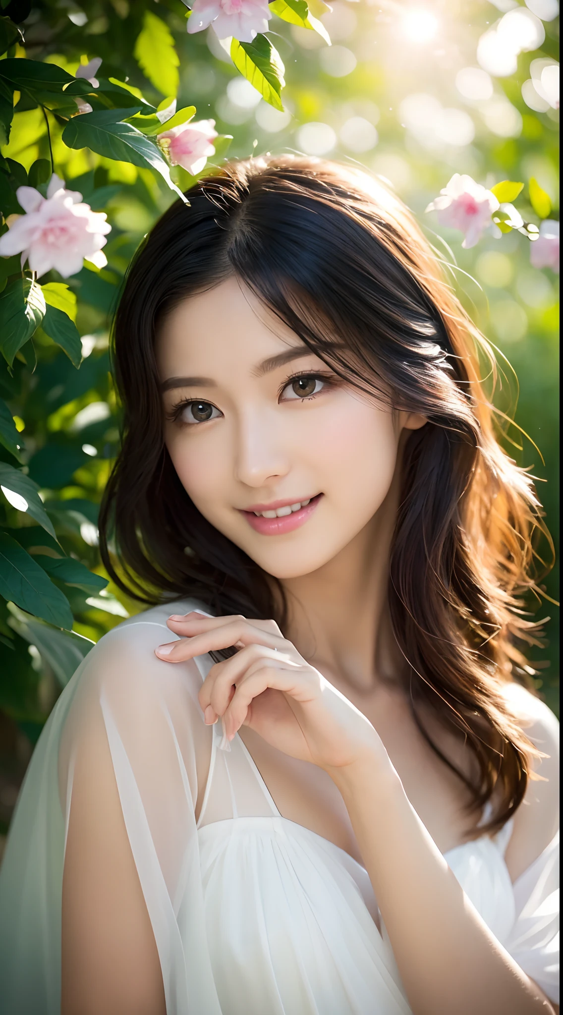 (Best quality,4K,A high resolution,Ultra-detailed,Realistic:1.37),Vivid colors,Sunlight,llight rays,bergamot,white blossoms,Beautiful girl,Exquisite features,Flowing hair,Serene expression,Garden setting,Elaborate dress,Soft sunlight,Gentle breeze,Cheerful ambiance,Backlit scene,a hint of smile,ethereal glowing,Fresh in the morning,Long shadows,harmony of nature,subtle reflections,Natural beauty,Twinkling dewdrops,Clear detail,serenity and calm,Sublime ingredients,Arrive at the branch,whispering leaves,Aromatherapy petals,with light glowing,Sparkling highlights,Subtle shadows,Soft focus,Sublime beauty,Whisper natural,Fantastical Atmosphere,Illuminated background.