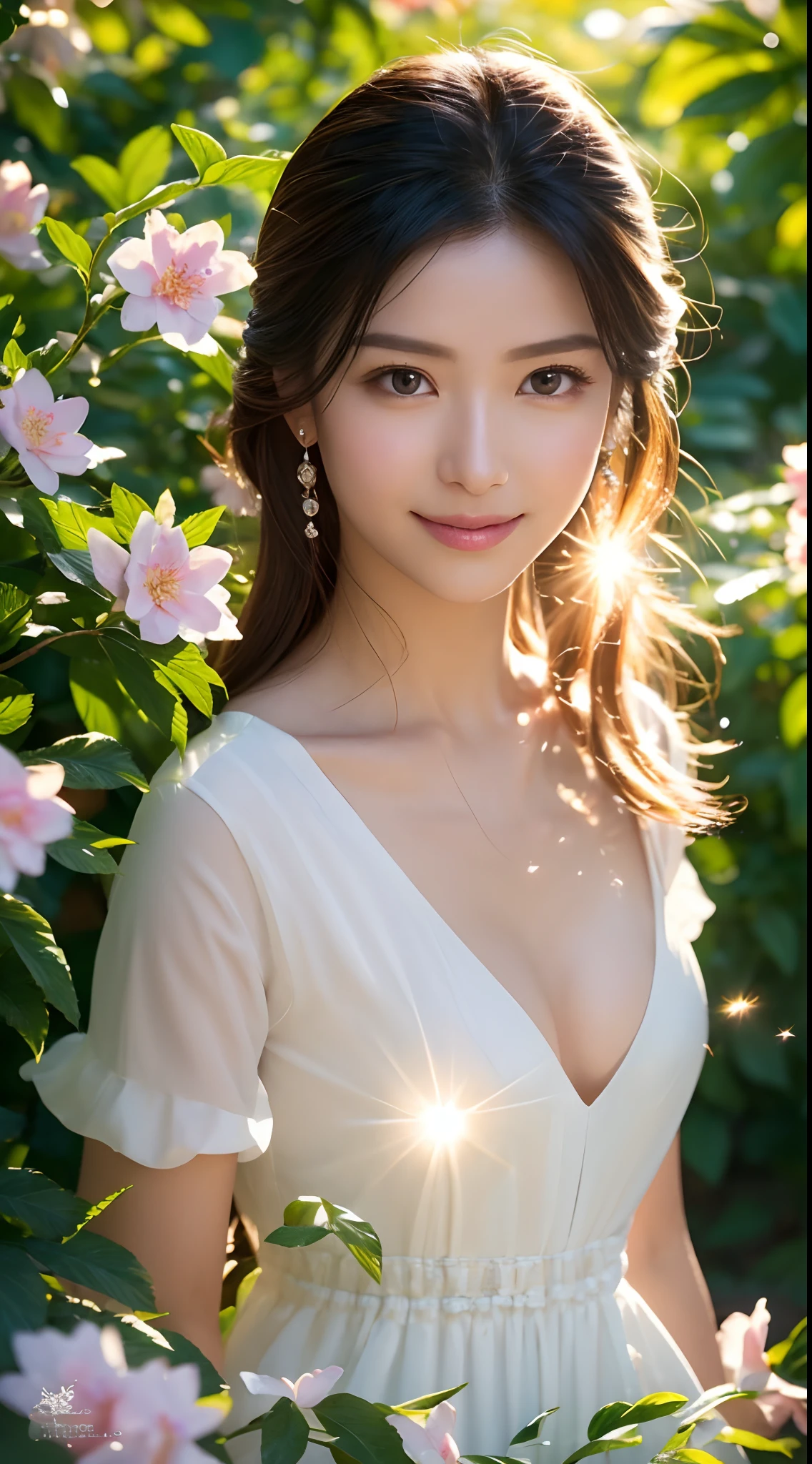 (Best quality,4K,A high resolution,Ultra-detailed,Realistic:1.37),Vivid colors,Sunlight,llight rays,bergamot,white blossoms,Beautiful girl,Exquisite features,Flowing hair,Serene expression,Garden setting,Elaborate dress,Soft sunlight,Gentle breeze,Cheerful ambiance,Backlit scene,a hint of smile,ethereal glowing,Fresh in the morning,Long shadows,harmony of nature,subtle reflections,Natural beauty,Twinkling dewdrops,Clear detail,serenity and calm,Sublime ingredients,Arrive at the branch,whispering leaves,Aromatherapy petals,with light glowing,Sparkling highlights,Subtle shadows,Soft focus,Sublime beauty,Whisper natural,Fantastical Atmosphere,Illuminated background.