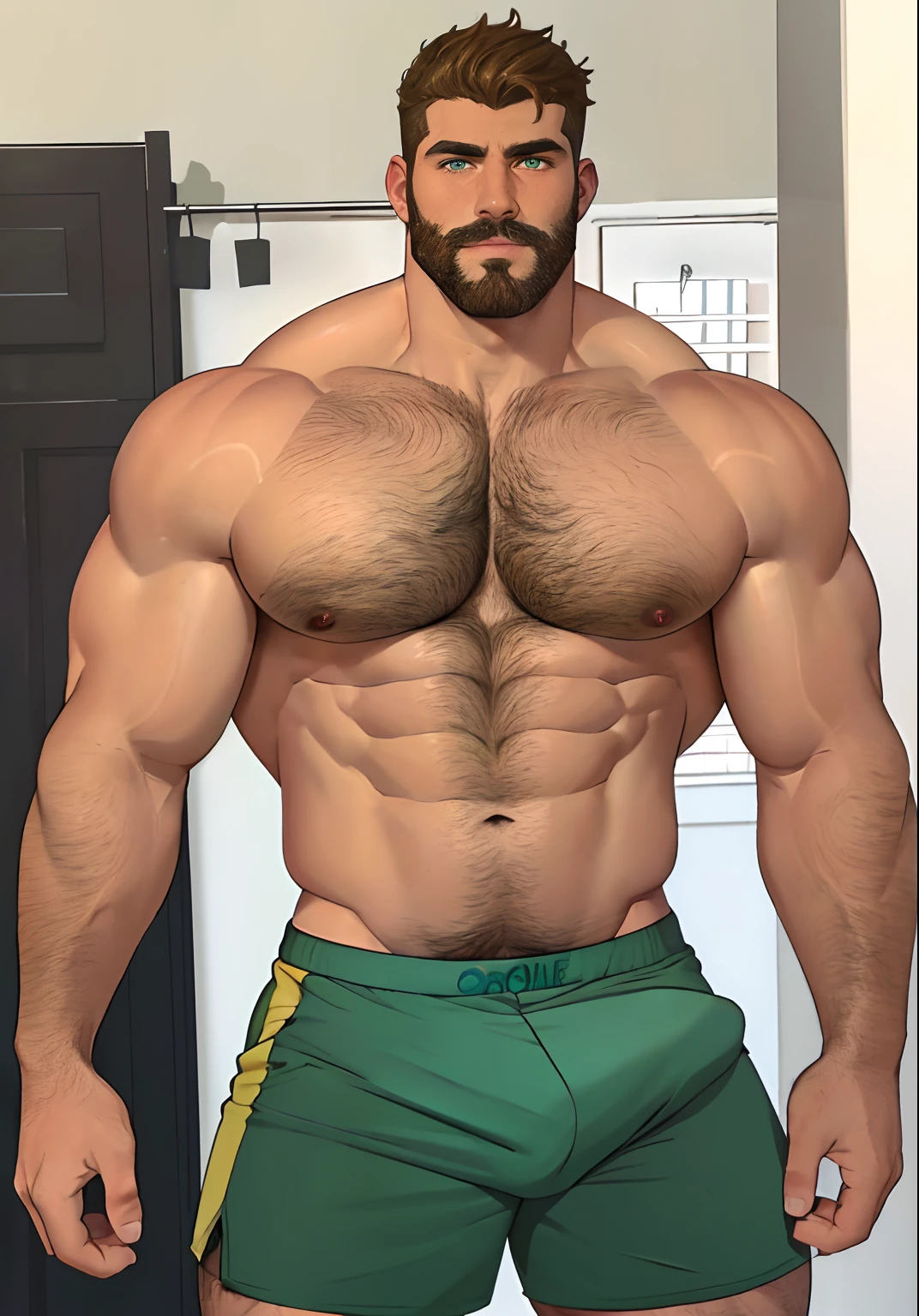 Full Body length image, Beautiful Man, shirtless, Tall!, Tall man!, Buff, Beefy, rugged, Bara, Muscular, very Hairy Body, Stubble beard, Tan skin, looking at viewer, Tan lines, (natural green Eyes color), short wavy brown hair, seductive, homoerotic, Handsome, standing, wearing short grey gym shorts with bulge.