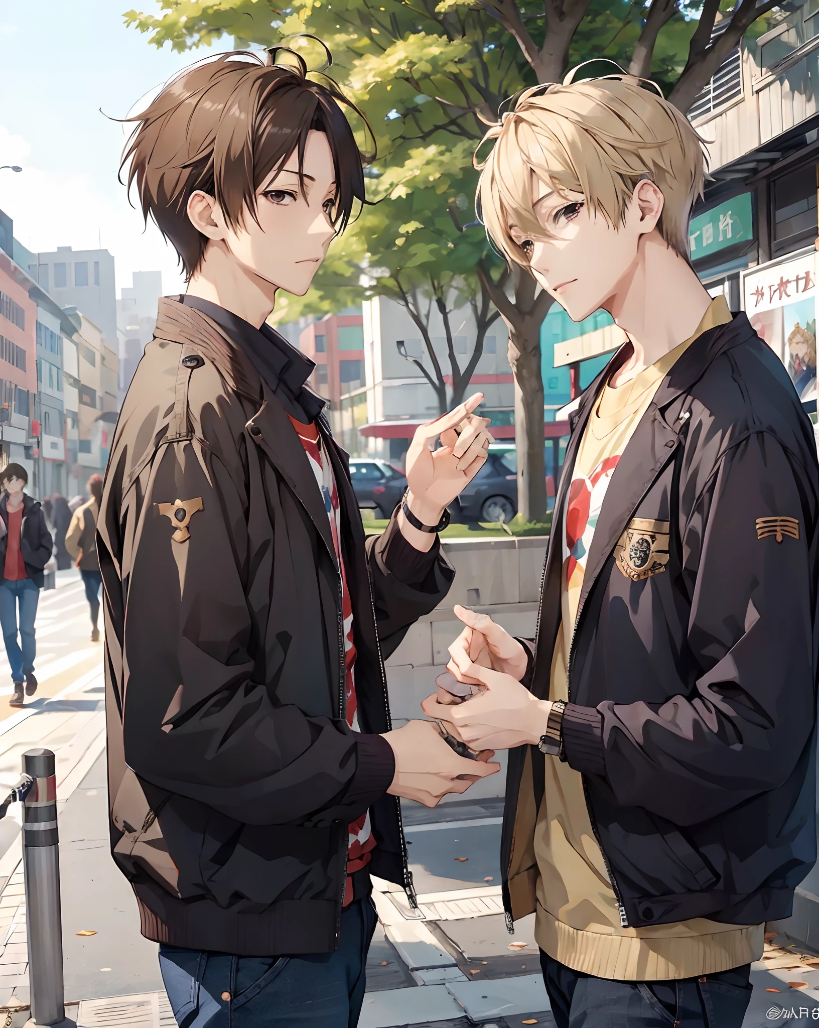 (masutepiece:1.4), (Best Quality:1.2), (2male),gay male relationship,CASIO,autumnal, Beside Park,eyecontact,yaoi pose