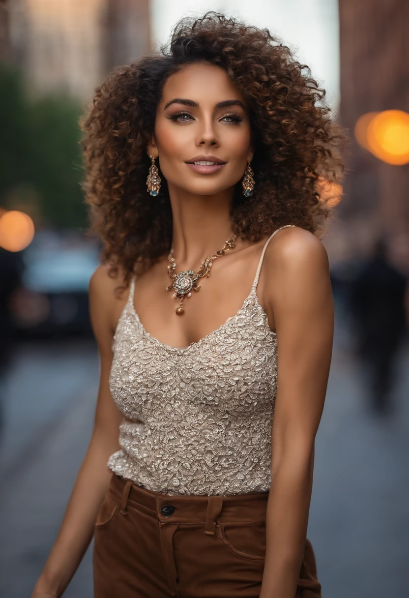 (masterpiece, best quality), beautiful woman, detailed sleeveless turtleneck top, pants, necklace, curly hair, perfect face, beautiful face, alluring, big gorgeous eyes, open mouth, happy, perfect slim fit body, (outdoor), city streets, new york, bright colors