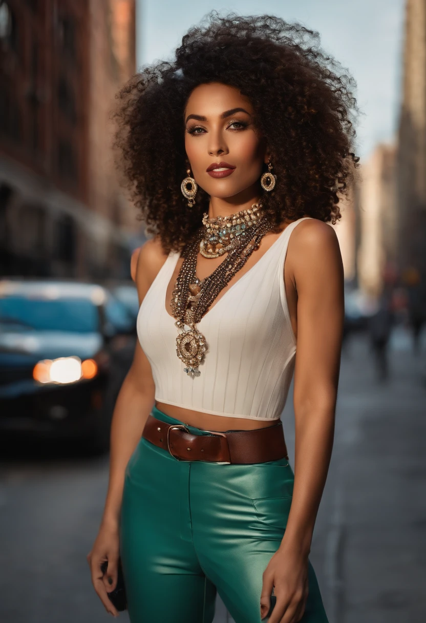 (masterpiece, best quality), beautiful woman, detailed sleeveless turtleneck top, pants, necklace, curly hair, perfect face, beautiful face, alluring, big gorgeous eyes, open mouth, happy, perfect slim fit body, (outdoor), city streets, new york, bright colors