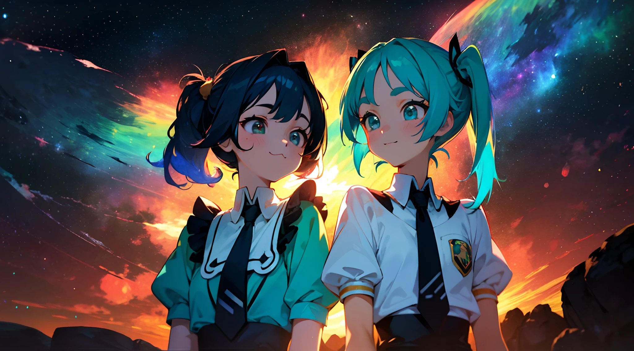 ((colourful, As detailed as possible)), Two Anime Friends, sitting side by side and looking at the camera against the night sky, Two friends, 2 d anime style, flat anime style, in anime style, the anime, anime stylized, glass hair, Glowing Hair, portraite of a, Gemstone uniforms \(The Land of Precious Stones\), Black Uniform, black necktie, white  shirt, puffy short sleeves, Shorts, Smile, puffy short sleeves, Puffy armbands, Shirt, short sleeve, sparkle, (The first girl with a high shoulder-length ponytail and a calm face), beatiful face, multi-colored hair, Hair gradient, Hair color from blue to peach, without bangs, curly curl on the cheek, hairstyle: high ponytail, long tail, hair from Tanzanite, peach-colored eyes, :3, Short eyebrows,,(The second girl with two long green pigtails and a happy face), wide eyes, turquoise hair, Turquoise textured hair, (turquoise two pigtails), Night background, natural light, vivid picture, Additional lighting, outer space, the stars, Multi-colored space, Beautiful sky