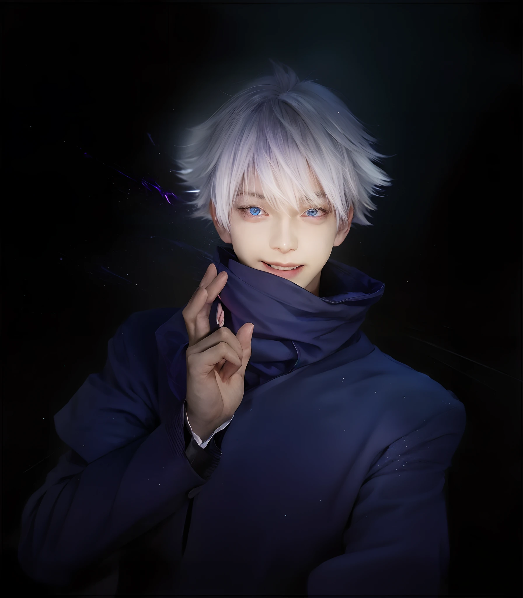 1man, gojo satoru in anime jujutsu kaisen, short hair , white hair, blue ligth eyes, handsome, smile, purple clothes, realistic clothes, detail clothes, city background, ultra detail, realistic
