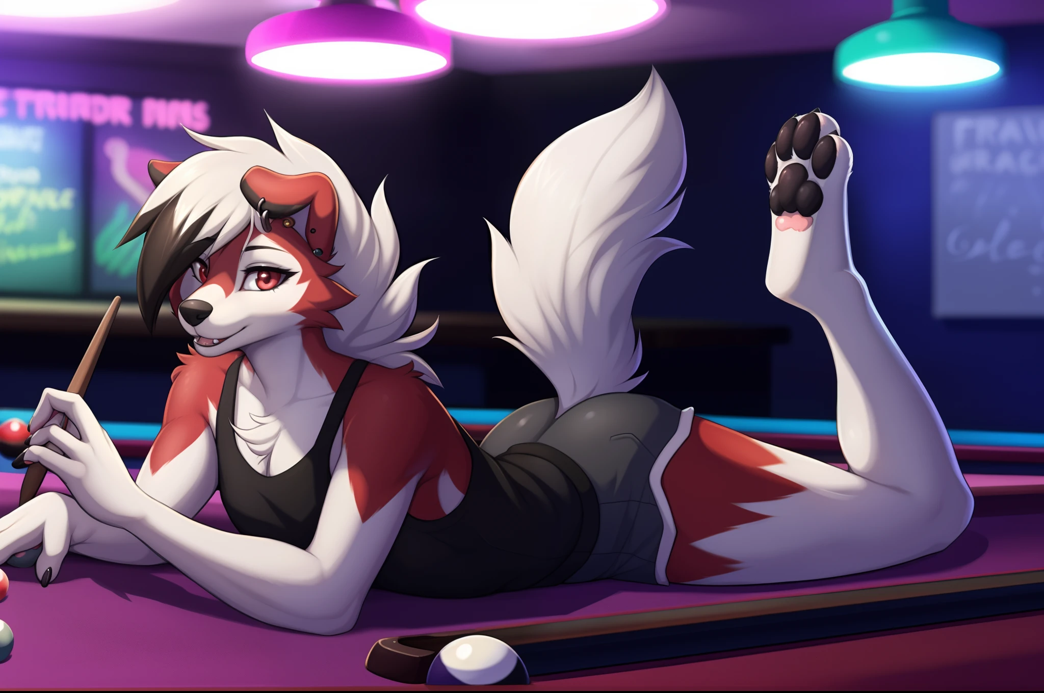 midnight lycanroc, red eyes, by jay naylor, by hyattlen, by braeburned, wearing black booty shorts, ear piercings, black tank top, in a dive bar, lying on a billiards table, feet up, vibrant lights in the background, barefoot, black paw pads, 4 toes, white fluffy tail