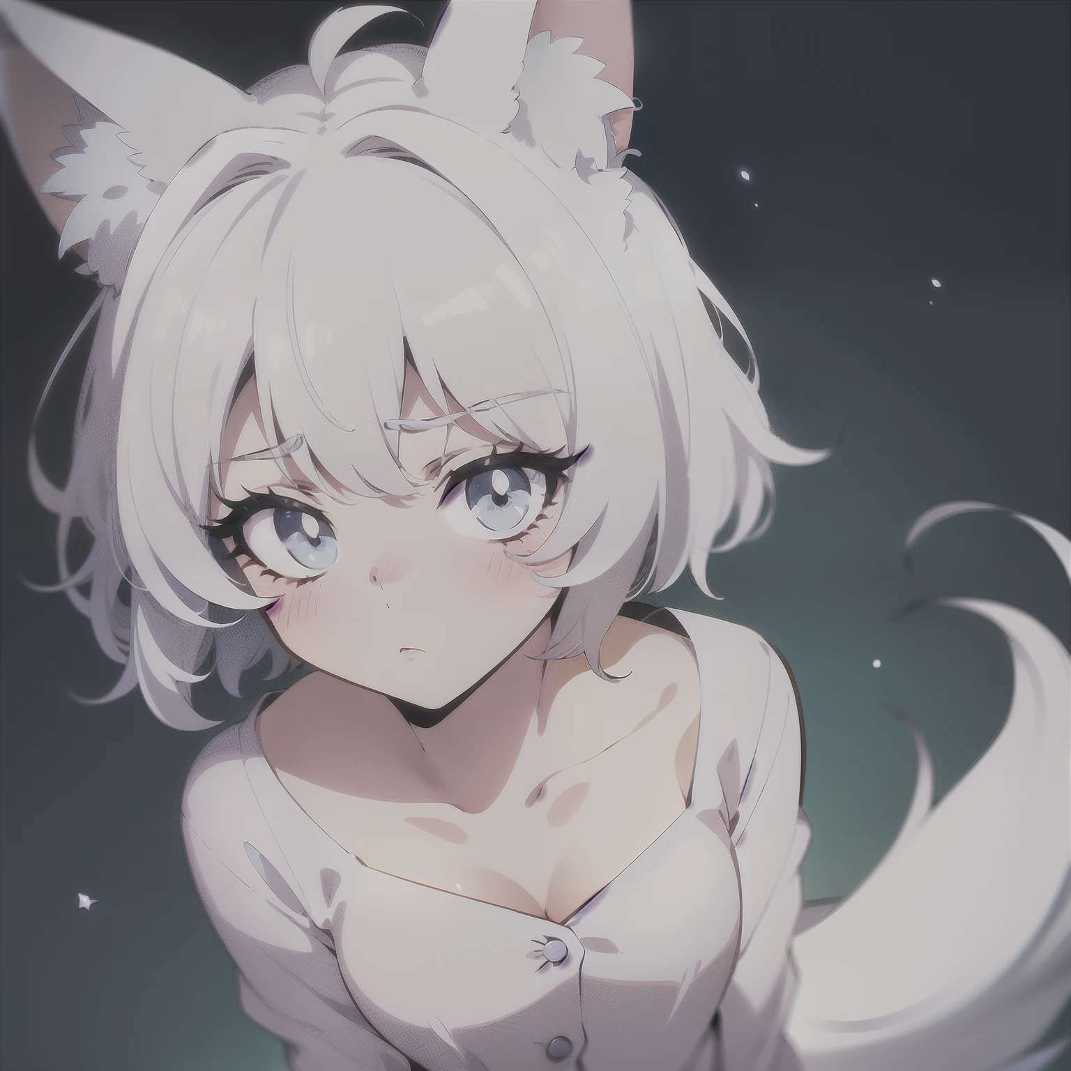 High quality, 1girl, ((((Candy Candy anime style)))), (wolf girl, wolf ears, wolf tail), animal ears, animal tail, ((((short hair)))), ((silver white hair)), hair clip, ((hair tap eye)), ((blue eyes)), long eyeslashes, eyeliner, (((small breasts, old pijama))), ((worried, sad expression, mellancholic look, blue eyes)), (white background), closed_mouth, blush, eyelashes, detailed shadows, detailed body, detailed eyes, detailed lines, (((manga style, manga coloring, 4K))).