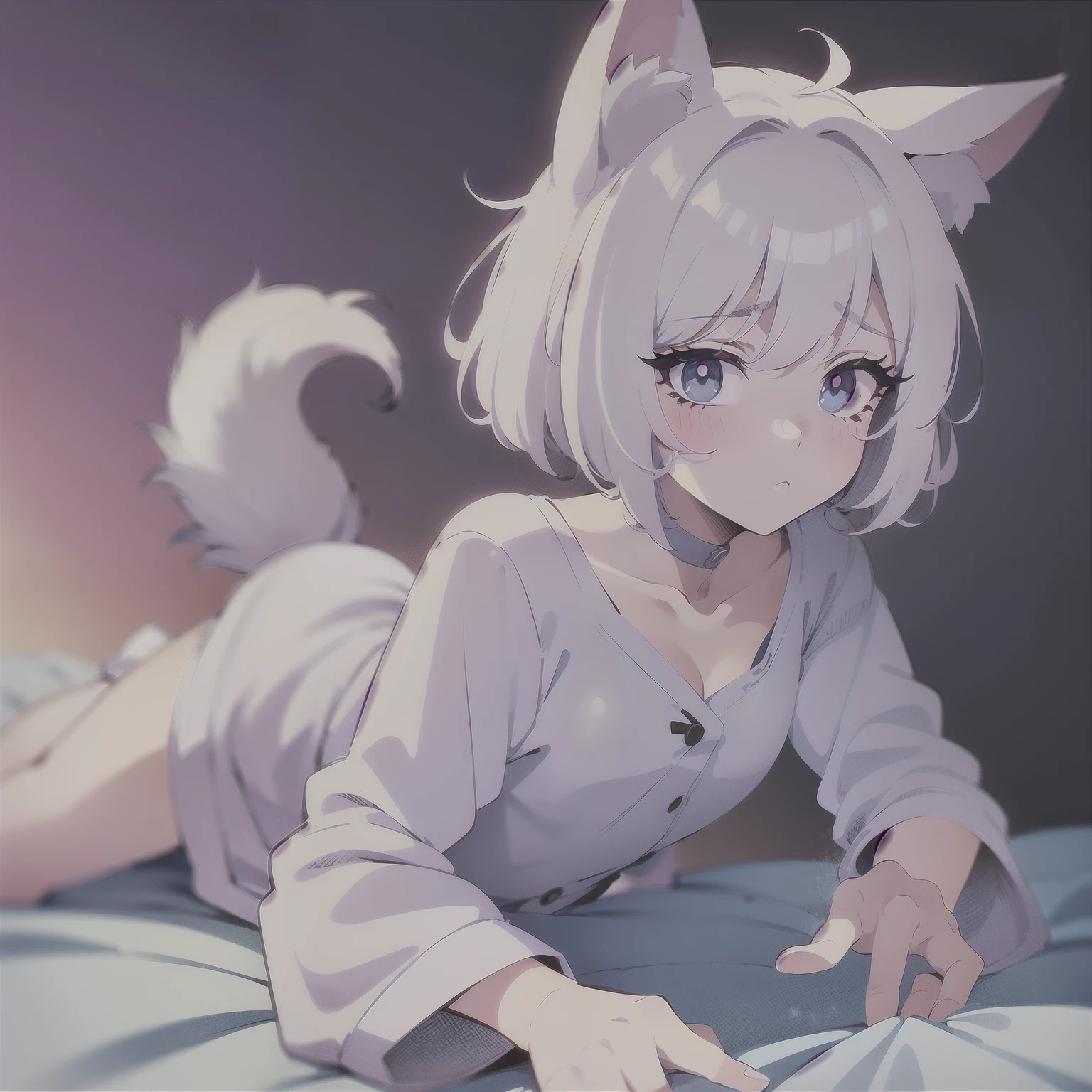High quality, 1girl, ((((Candy Candy anime style)))), (wolf girl, wolf ears, wolf tail), animal ears, animal tail, ((((short hair)))), ((silver white hair)), hair clip, ((hair tap eye)), ((blue eyes)), long eyeslashes, eyeliner, (((small breasts, old pijama))), ((worried, sad expression, mellancholic look, blue eyes)), (white background), closed_mouth, blush, eyelashes, detailed shadows, detailed body, detailed eyes, detailed lines, (((manga style, manga coloring, 4K))).