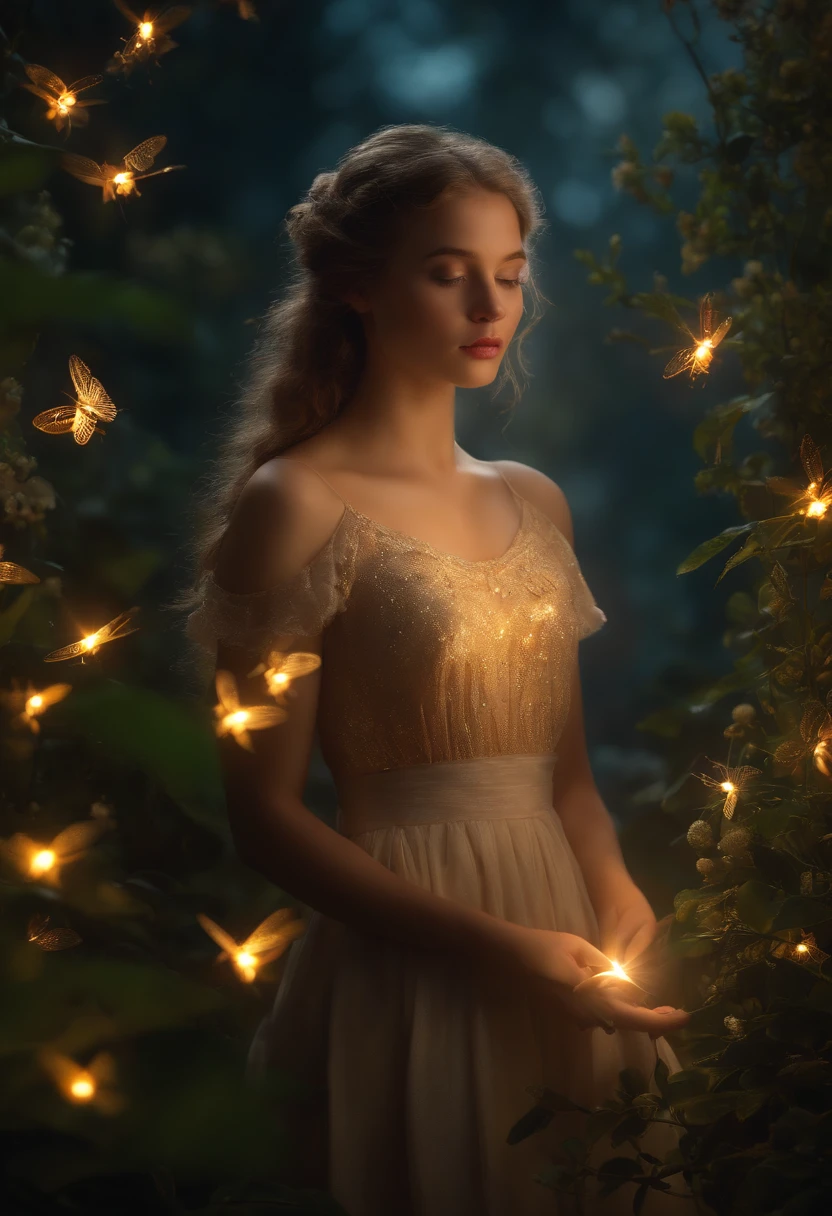 (8k, premier quality, Masterpiece: 1.2), (Realstic, photoreallistic: 1.37), super detail, une fille, Grand angle de vue, Jardin Firefly, lots of small dim lights and fireflies flying around, Nuit
