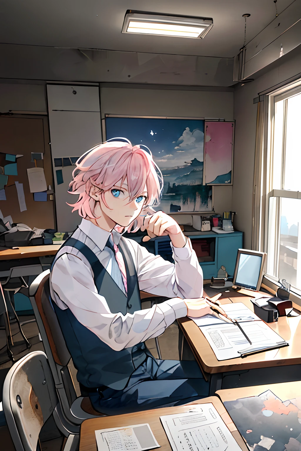 ((((Dramatic))), (((grittiness))), (((Intense))) The movie poster centers on a young writer。。。。。。。。。。。。。。。。。。。。。。。。。。。。。。。。。。。。。。。。。。。。。。。。。。。。（tmasterpiece：1.2），best qualtiy，（tmasterpiece：1.2），best qualtiy，realisticlying，Light pink hair gradient，blue-eyed man，43 yeas old，Middle Age，inside in room，Drawing board，picure，chai，desks，sit on chair，aquarelle，独奏