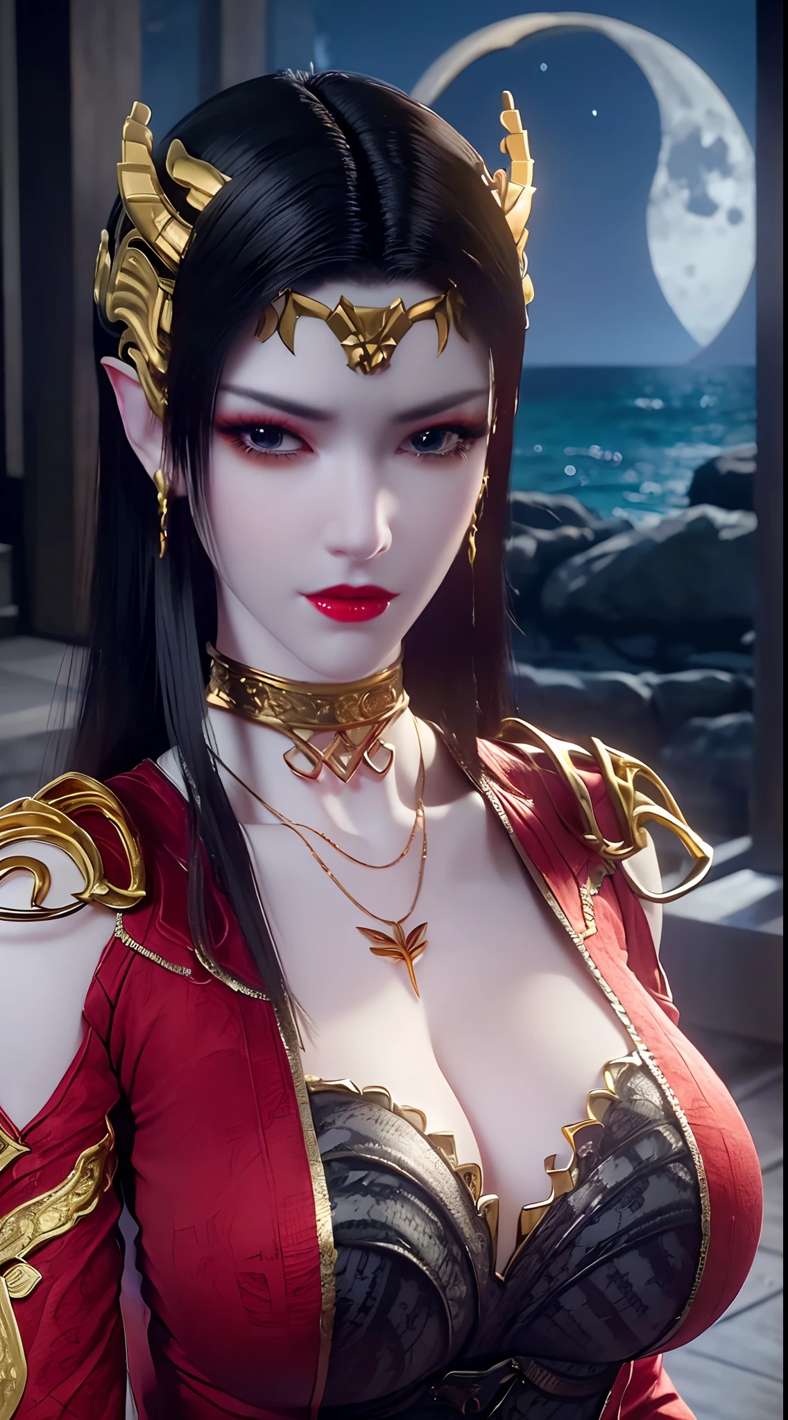 1 extremely beautiful queen, ((wears a red traditional Han costume with thin black patterns:1.6)), (((Patterns on clothes:1.6))), ((long black hair:1.6)), jewelry elaborately made from precious stones and beautiful hair, ((wearing a 24k gold lace necklace:1.4))), the noble, noble style of an extremely beautiful girl, her small face is super cute, her face is very pretty, thin eyebrows, flawless beautiful face, ((black eye pupils: 0.8)), very beautiful eyes, ((platinum blue eyes: 1.6)), (((big round eyes:1.6))), nice makeup and hair detailed eyelashes, steamy eye makeup, high nose, earrings, red lips, ((closed mouth: 1.5)) beautiful lips, slim hands, most beautiful thighs, ((arms spread out to the sides: 1.5)), rosy face, clean face, flawless beautiful face, smooth white skin, (big breasts: 1.5)), ((high breasts: 1.6)), tight breasts, beautiful cleavage, (((big breasts and super round: 1.8))), ((super tight breasts: 1.7)) , beautiful breasts, perfect body, back arms, chest out, thin black mesh stockings with black lace trim, 8k photo, super high quality, super realistic, super 10x pixels, optical, bright studio, bright edges, dual-tone lighting, (high-detail skin:1.2), super 8k, soft lighting, high quality, volumetric lighting, photorealistic, photorealistic high resolution, lighting, best photo, 4k, 8k quality, blur effect, smooth sharp, 10 x pixel, ((sea and moonlight at night background:1.5)), aurora, lightning, super graphics realistic, most realistic graphics, 1 girl, alone, solo, Extremely sharp image, surreal, (((frontal portrait: 1)))."