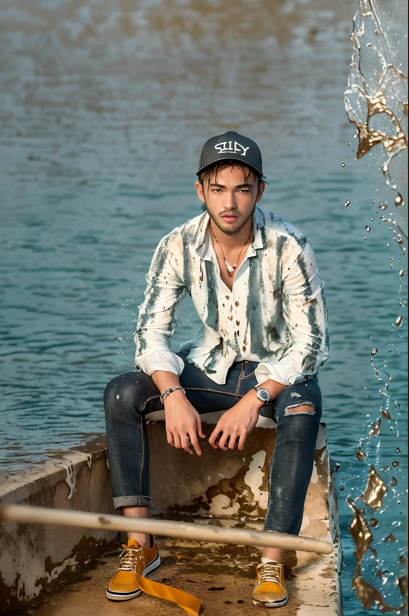 best image quality, masterpiece, super high resolution, (fidelity:1.4), photo, 1boy, white shirt, torn jeans, white sneakers, dim, darkness, despair, pity, poor, movie, tears, teardrops, (torn clothes:1.5), (wet clothes:1.4), real rain, black reta cap ,..ssmile