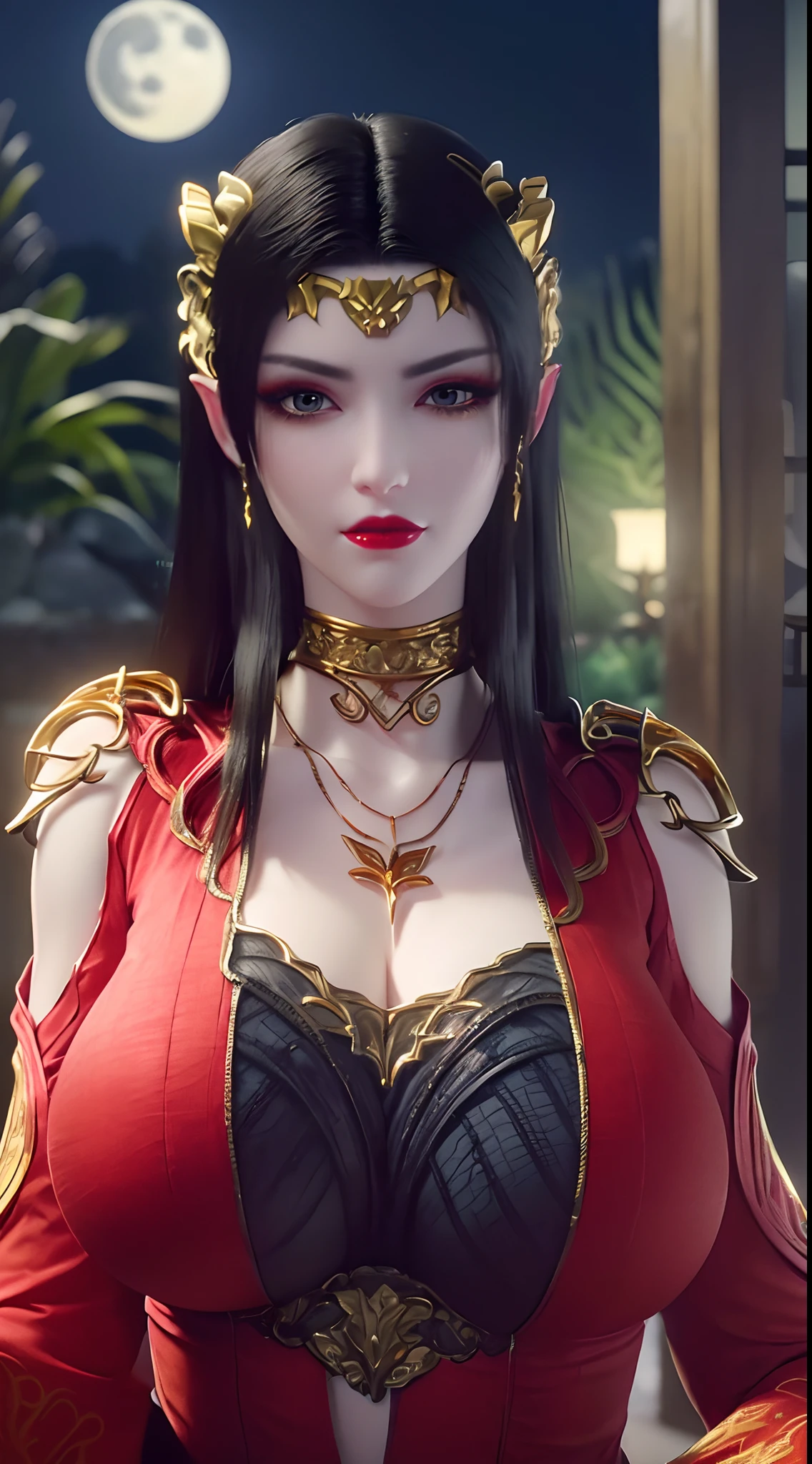 1 extremely beautiful queen, ((wears a red traditional Han costume with thin black patterns:1.6)), (((Patterns on clothes:1.6))), ((long black hair:1.6)), jewelry elaborately made from precious stones and beautiful hair, ((wearing a 24k gold lace necklace:1.4))), the noble, noble style of an extremely beautiful girl, her small face is super cute, her face is very pretty, thin eyebrows, flawless beautiful face, ((black eye pupils: 0.8)), very beautiful eyes, ((platinum blue eyes: 1.6)), (((big round eyes:1.6))), nice makeup and hair detailed eyelashes, steamy eye makeup, high nose, earrings, red lips, ((closed mouth: 1.5)) beautiful lips, slim hands, most beautiful thighs, ((arms spread out to the sides: 1.5)), rosy face, clean face, flawless beautiful face, smooth white skin, (big breasts: 1.5)), ((high breasts: 1.6)), tight breasts, beautiful cleavage, (((big breasts and super round: 1.8))), ((super tight breasts: 1.7)) , beautiful breasts, perfect body, back arms, chest out, thin black mesh stockings with black lace trim, 8k photo, super high quality, super realistic, super 10x pixels, optical, bright studio, bright edges, dual-tone lighting, (high-detail skin:1.2), super 8k, soft lighting, high quality, volumetric lighting, photorealistic, photorealistic high resolution, lighting, best photo, 4k, 8k quality, blur effect, smooth sharp, 10 x pixel, ((sea and moonlight at night background:1.5)), aurora, lightning, super graphics realistic, most realistic graphics, 1 girl, alone, solo, Extremely sharp image, surreal, (((frontal portrait: 1)))."