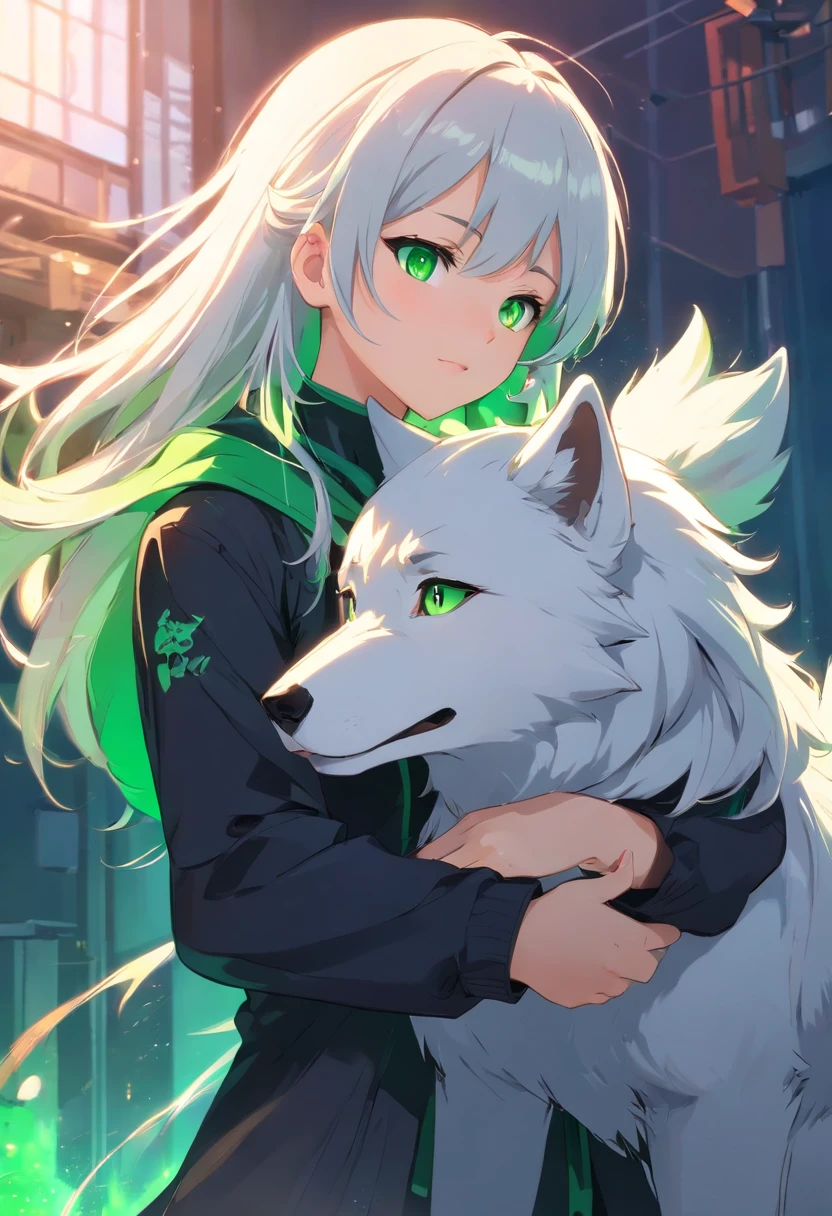 A young girl with long white hair is vibrant green eyes in a black outfit holding a wolf in her arms