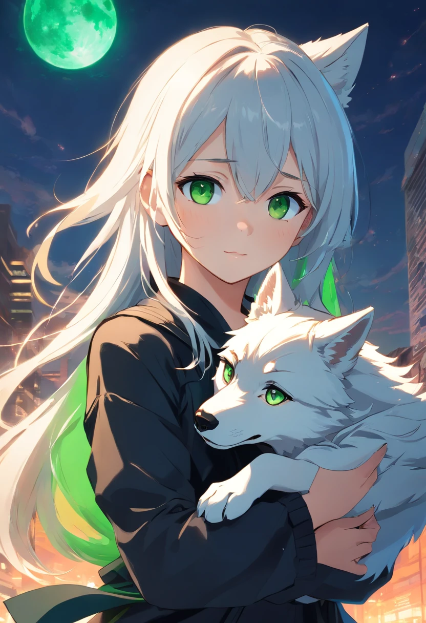 A young girl with long white hair is vibrant green eyes in a black outfit holding a wolf in her arms
