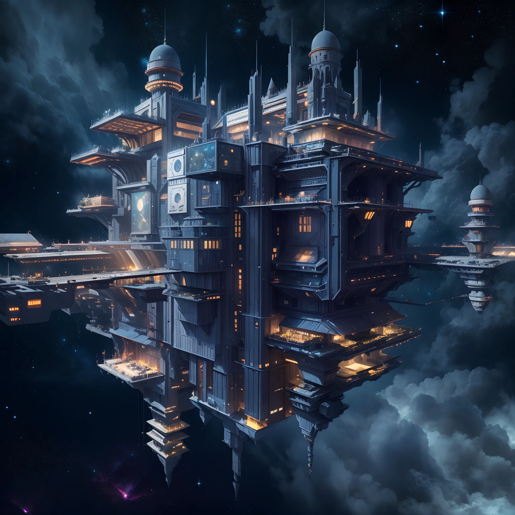 Interstellar,Interstellar voyage,Huge high-tech floating castle,futuristic space station,Background void starry sky