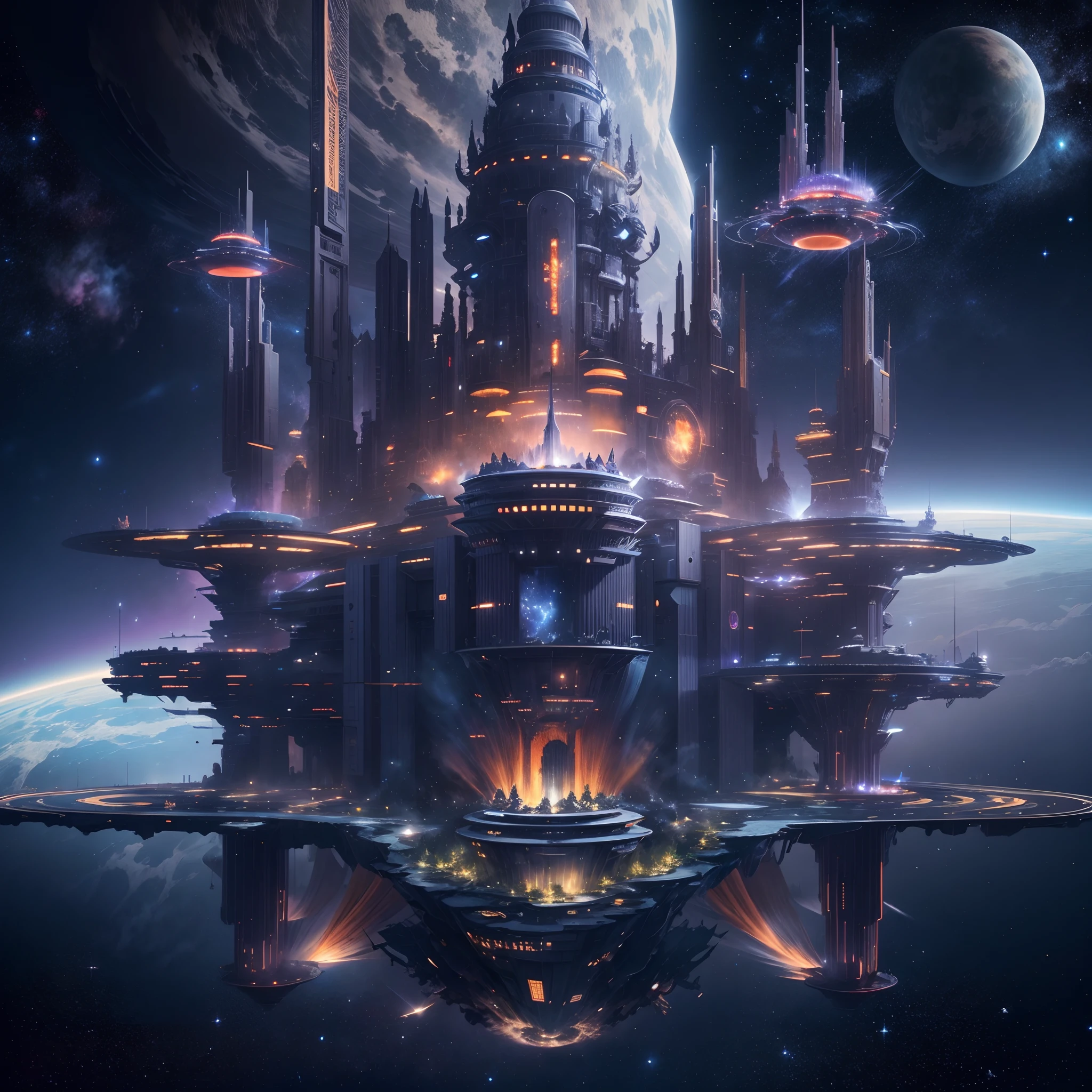 Interstellar，Interstellar voyage，Huge high-tech floating castle，futuristic space station，Background void starry sky