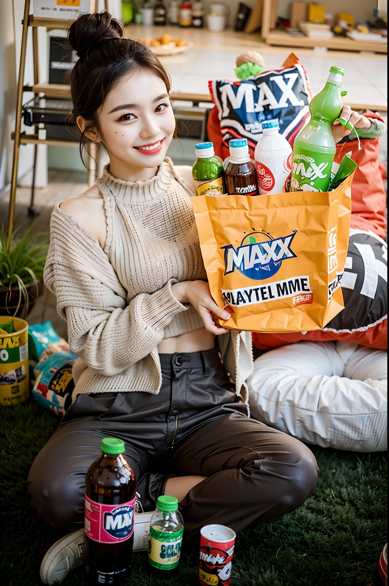 Smile woman sitting on the ground holding a bag of snacks and drinks, max details, maxis, promotional movie still, maxar, max hay, promo still, max accurate, inspired by Max Buri, shot for imax, movie promotional image, promotional still, cinematic flavor, movie still promotion, max quality, pokimane, 😭 🤮 💕 🎀