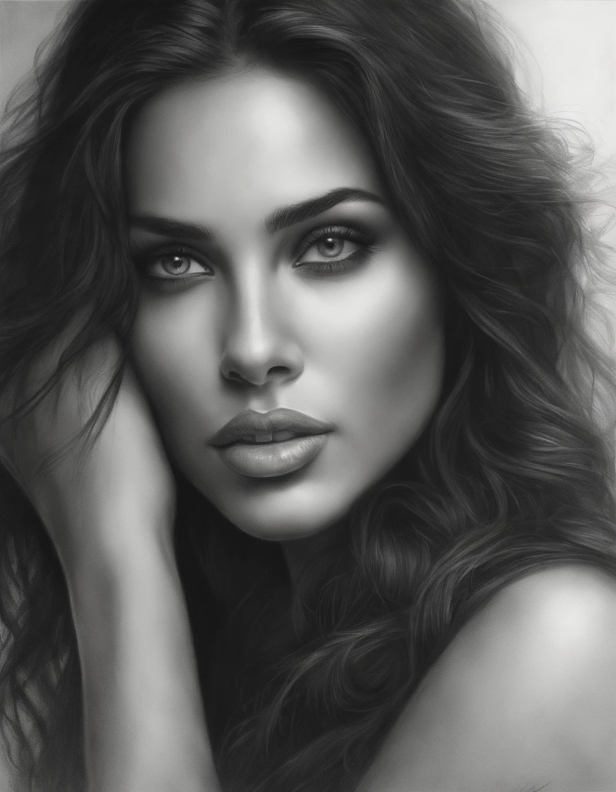 (best quality,realistic),A girl with black locks,typical breasts,beautiful detailed eyes,luscious lips,medium:graphite drawing,strong highlights,dramatic shadows,subtle background,contrast and texture,monochromatic,pencil strokes,detailed rendering.