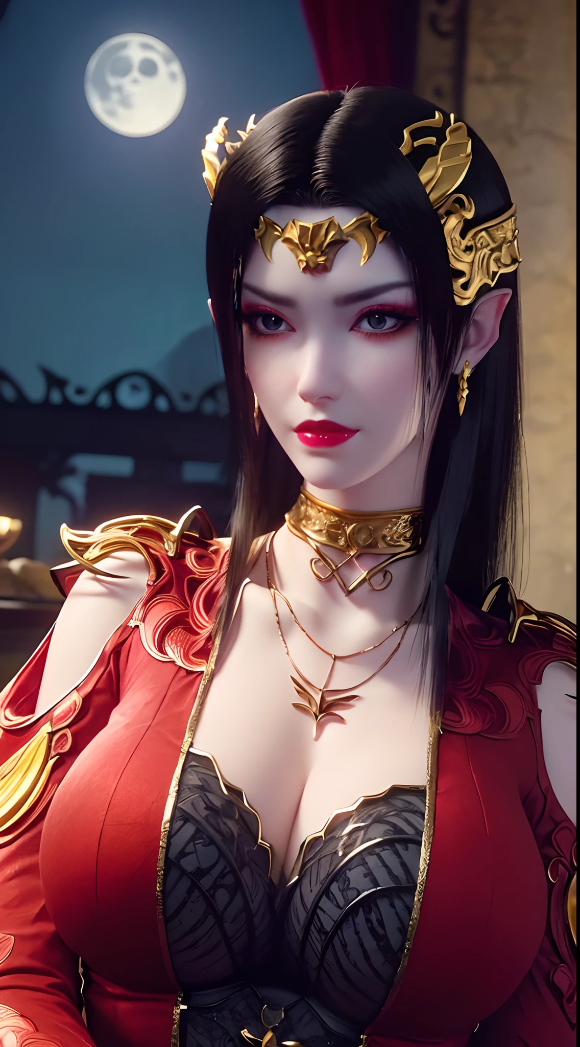 1 extremely beautiful queen, ((wears a red traditional Han costume with thin black patterns:1.6)), (((Patterns on clothes:1.6))), ((long black hair:1.6)), jewelry elaborately made from precious stones and beautiful hair, ((wearing a 24k gold lace necklace:1.4))), the noble, noble style of an extremely beautiful girl, her small face is super cute, her face is very pretty, thin eyebrows, flawless beautiful face, ((black eye pupils: 0.8)), very beautiful eyes, ((platinum blue eyes: 1.6)), (((big round eyes:1.6))), nice makeup and hair detailed eyelashes, steamy eye makeup, high nose, earrings, red lips, ((closed mouth: 1.5)) beautiful lips, slim hands, most beautiful thighs, ((arms spread out to the sides: 1.5)), rosy face, clean face, flawless beautiful face, smooth white skin, (big breasts: 1.5)), ((high breasts: 1.6)), tight breasts, beautiful cleavage, (((big breasts and super round: 1.8))), ((super tight breasts: 1.7)) , beautiful breasts, perfect body, back arms, chest out, thin black mesh stockings with black lace trim, 8k photo, super high quality, super realistic, super 10x pixels, optical, bright studio, bright edges, dual-tone lighting, (high-detail skin:1.2), super 8k, soft lighting, high quality, volumetric lighting, photorealistic, photorealistic high resolution, lighting, best photo, 4k, 8k quality, blur effect, smooth sharp, 10 x pixel, ((sea and moonlight at night background:1.5)), aurora, lightning, super graphics realistic, most realistic graphics, 1 girl, alone, solo, Extremely sharp image, surreal, (((frontal portrait: 1)))."