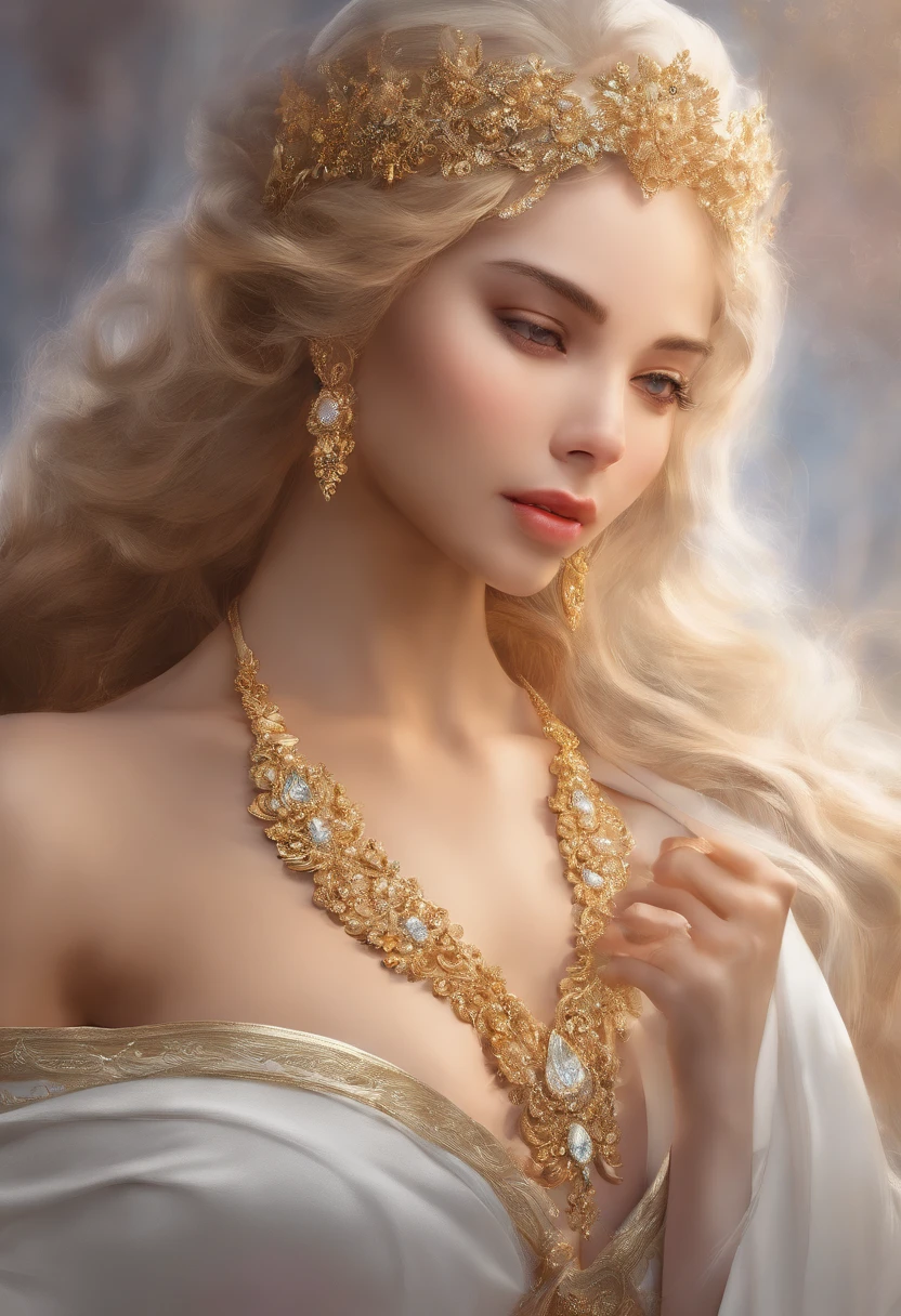 beautiful detailed blonde girl in a white silk dress with golden jewelry, sensually posing, wearing white lingerie, with an extremely detailed face and blonde hair flowing down her shoulders. The girl's captivating eyes are enhanced with long, curled eyelashes and shimmers with a hint of gold. Her lips are perfectly defined and inviting. The white silk dress is flowing and elegant, draping gracefully around her figure. The intricate golden jewelry adorns her neck, wrists, and fingers, adding a touch of glamour. The scene is captured in a bust shot, showcasing the girl's beauty and allure. The image is of the best quality, with a resolution of 4K or 8K, with ultra-detailed features that bring out the realism and photorealism of the artwork. The lighting is carefully set to enhance the girl's delicate features, creating a soft, flattering glow. The color tones are warm and radiant, with a golden hue enveloping the entire scene.