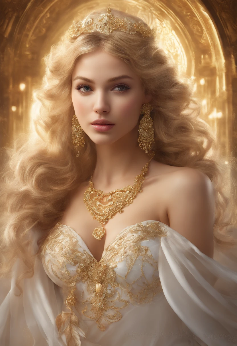 beautiful detailed blonde girl in a white silk dress with golden jewelry, sensually posing, wearing white lingerie, with an extremely detailed face and blonde hair flowing down her shoulders. The girl's captivating eyes are enhanced with long, curled eyelashes and shimmers with a hint of gold. Her lips are perfectly defined and inviting. The white silk dress is flowing and elegant, draping gracefully around her figure. The intricate golden jewelry adorns her neck, wrists, and fingers, adding a touch of glamour. The scene is captured in a bust shot, showcasing the girl's beauty and allure. The image is of the best quality, with a resolution of 4K or 8K, with ultra-detailed features that bring out the realism and photorealism of the artwork. The lighting is carefully set to enhance the girl's delicate features, creating a soft, flattering glow. The color tones are warm and radiant, with a golden hue enveloping the entire scene.