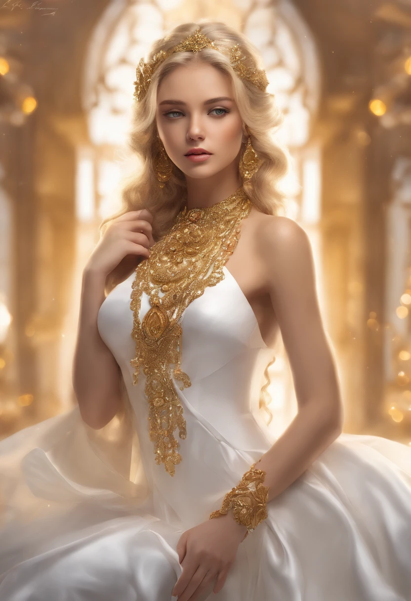 beautiful detailed blonde girl in a white silk dress with golden jewelry, sensually posing, wearing white lingerie, with an extremely detailed face and blonde hair flowing down her shoulders. The girl's captivating eyes are enhanced with long, curled eyelashes and shimmers with a hint of gold. Her lips are perfectly defined and inviting. The white silk dress is flowing and elegant, draping gracefully around her figure. The intricate golden jewelry adorns her neck, wrists, and fingers, adding a touch of glamour. The scene is captured in a bust shot, showcasing the girl's beauty and allure. The image is of the best quality, with a resolution of 4K or 8K, with ultra-detailed features that bring out the realism and photorealism of the artwork. The lighting is carefully set to enhance the girl's delicate features, creating a soft, flattering glow. The color tones are warm and radiant, with a golden hue enveloping the entire scene.