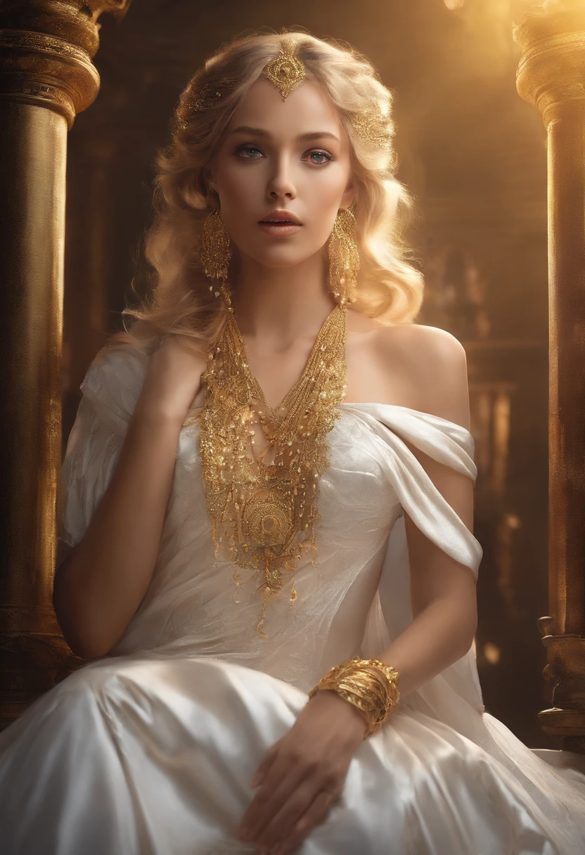 beautiful detailed blonde girl in a white silk dress with golden jewelry, sensually posing, wearing white lingerie, with an extremely detailed face and blonde hair flowing down her shoulders. The girl's captivating eyes are enhanced with long, curled eyelashes and shimmers with a hint of gold. Her lips are perfectly defined and inviting. The white silk dress is flowing and elegant, draping gracefully around her figure. The intricate golden jewelry adorns her neck, wrists, and fingers, adding a touch of glamour. The scene is captured in a bust shot, showcasing the girl's beauty and allure. The image is of the best quality, with a resolution of 4K or 8K, with ultra-detailed features that bring out the realism and photorealism of the artwork. The lighting is carefully set to enhance the girl's delicate features, creating a soft, flattering glow. The color tones are warm and radiant, with a golden hue enveloping the entire scene.