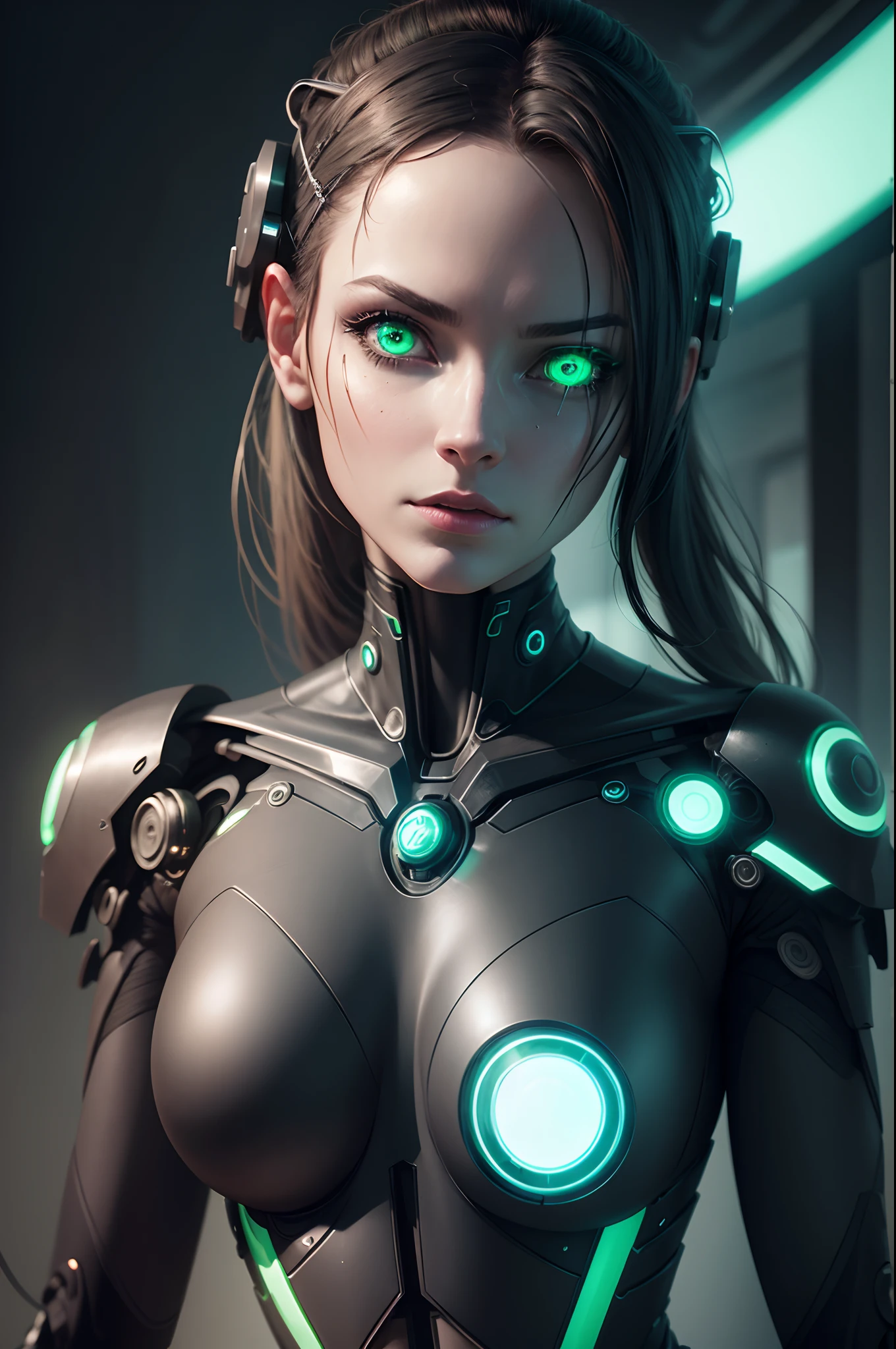 Cyborg Woman, gloweyes, mechanical body and head, wires on the head, higly detailed, Realistic full-length photo, Black & Green