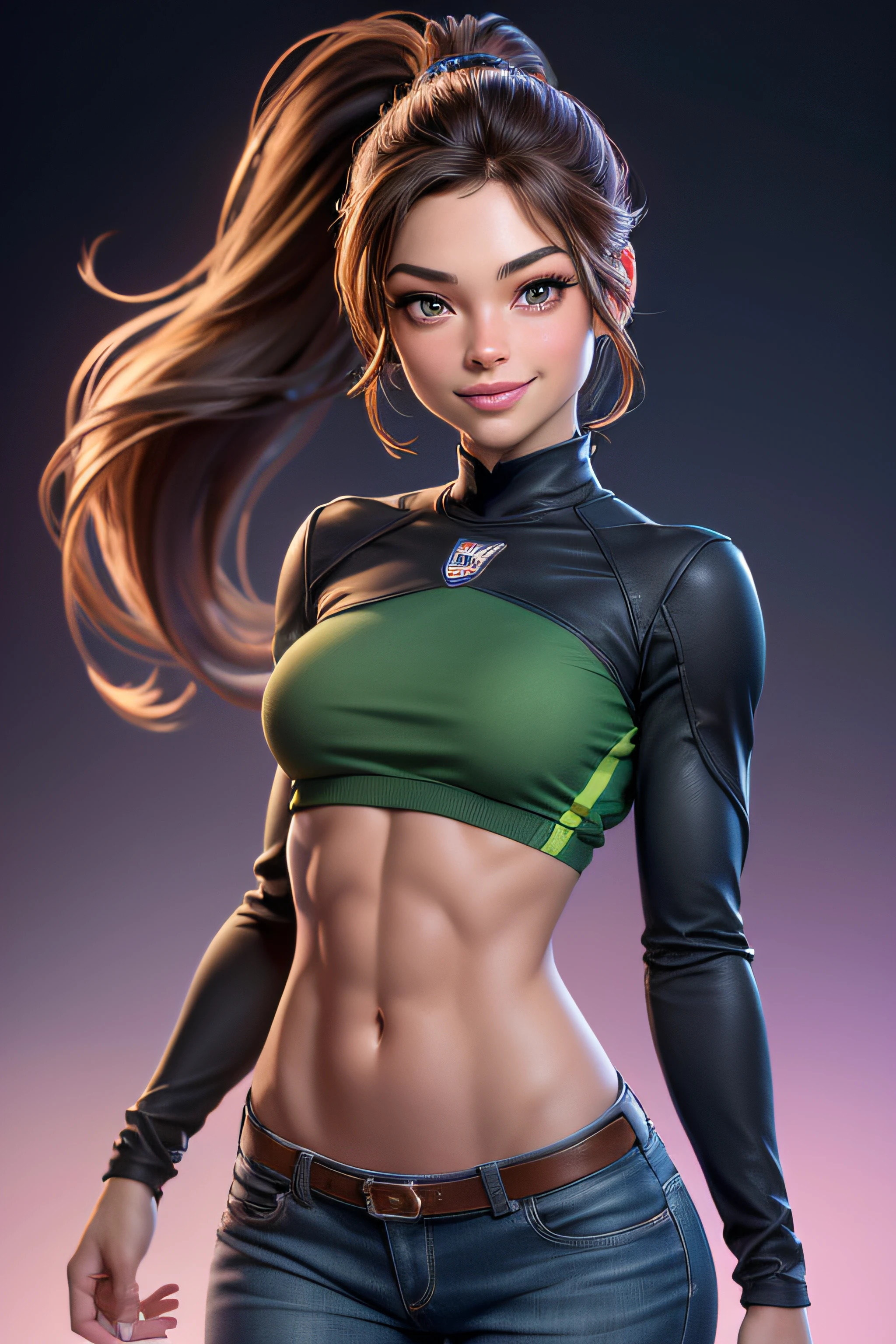 mejor calidad, profundidad de campo, cinematic light, destello de lente, trazado de rayos. 1Kristin Kreuk (cara extremadamente hermosa, Labios adorables, hermosos ojos verdes, cola de caballo) as an NFL player on a football field, ombre profonde, (cuerpo muy delgado y musculoso:1.3), ((Mira al espectador)),(Gran sonrisa:1.3), (fondo borroso),(sin gente de fondo:1.3), (Grandes ojos verdes), Mirar hacia adelante, (Mira al espectador:1.3) pecho abierto, Muy delgado, senos promedio