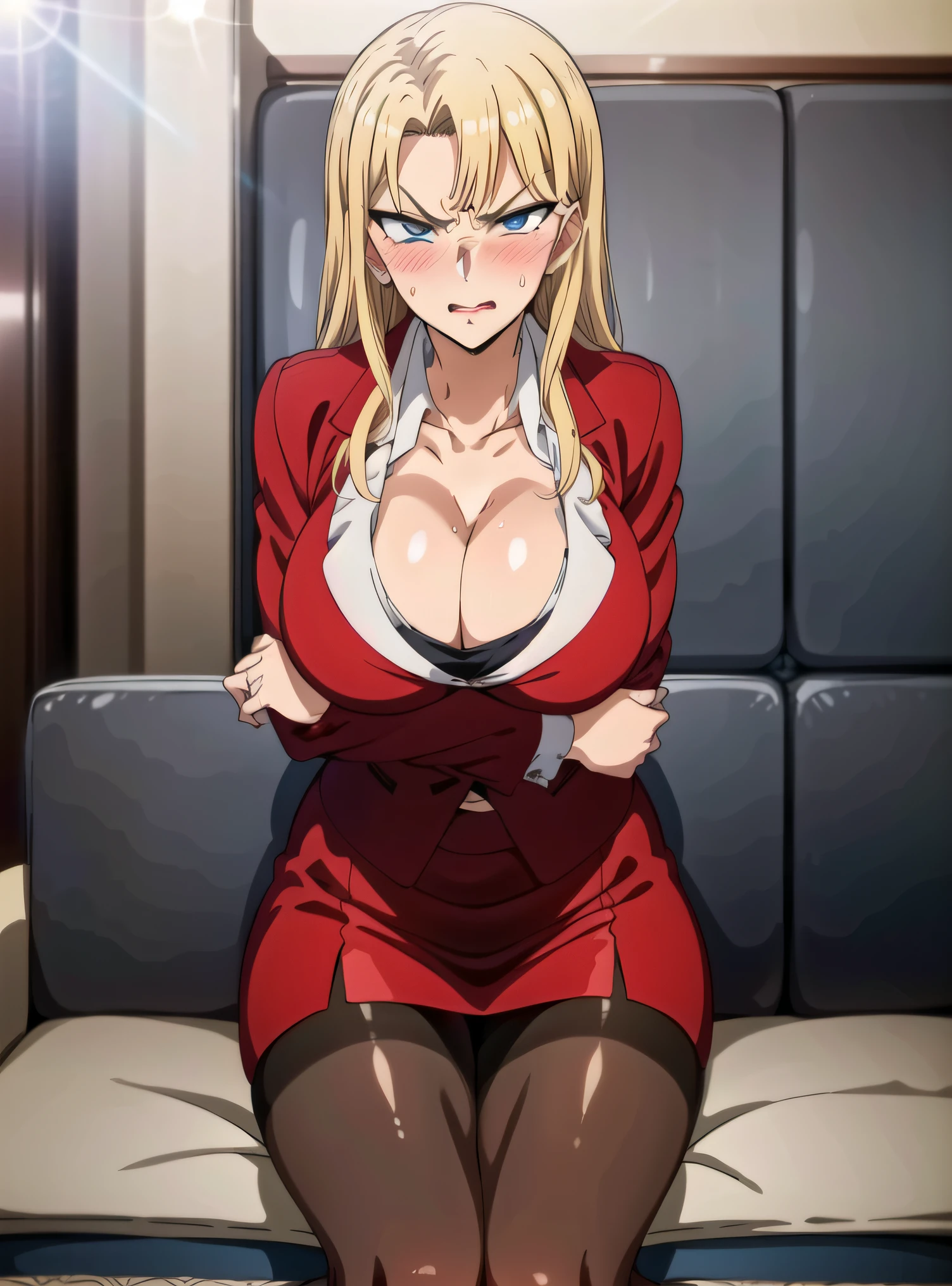 masterpiece, best quality, highly quality , (((anime style))), collared shirt, cleavage, sitting, jacket, black pantyhose, crossed arms, crossed legs, couch, red skirt suit , (angry , disgusted:1.2), blonde, parted bangs, blue eyes , (blush:1.2) , mature woman , (thighs:1.2) , thick thighs ,
 1 girl,Solo, Manga,20yo,mature female,Beautiful Finger,Beautiful long legs,Beautiful body,Beautiful Nose,Beautiful character design, perfect eyes, perfect face, (dark blue eyes:1.2), Expression： looking at viewer, (lustful expression:1.0),(excited:1.3), Picture Quality: official art,extremely detailed CG unity 8k wallpaper, (masterpiece:1.0),(best_quality:1.0), ultra high res,4K,ultra-detailed, photography, 8K, HDR, highres, absurdres:1.2, Kodak portra 400, film grain, blurry background, bokeh:1.2, lens flare, (vibrant_color:1.2) , ultra high res,4K,ultra-detailed, photography, 8K, HDR, highres, absurdres:1.2, film grain, blurry background, bokeh:1.2, lens flare, (vibrant_color:1.2), beautiful body, perfect body, climax, o_face, red cheeks, opened mouth, blush,Ultra Detailed Face, Detailed Lips, Fine Eyes, Double Eyelids, ((( blush: 1.3)), (Beautiful,large_Breasts:1.4), (beautiful_face:1.5),(narrow_waist),