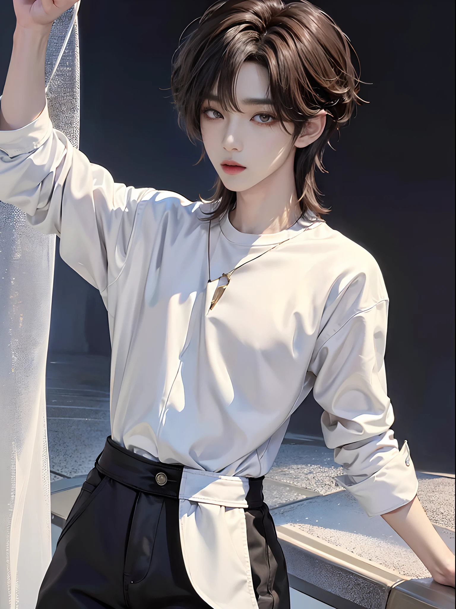((4K))、masterpiece、(top-quality)、((high-level image quality))、One Manly Boy、((White Y-shirt and long black pants))、(Detailed beautiful eyes)、Stylish homeroom、Take a selfie while sitting with your back to the wall、Face similar to Chaewon in Ruseraphim、((short hair above the ears))、((Smaller face))、((Neutral face))、((Light brown eyes))、((Korean boy))、((18year old))、((Handsome man))、((Wild look))、((Korean Makeup))、((elongated and sharp eyes))、((Take a selfie))、((Selfie near face))、((Upper body photography))