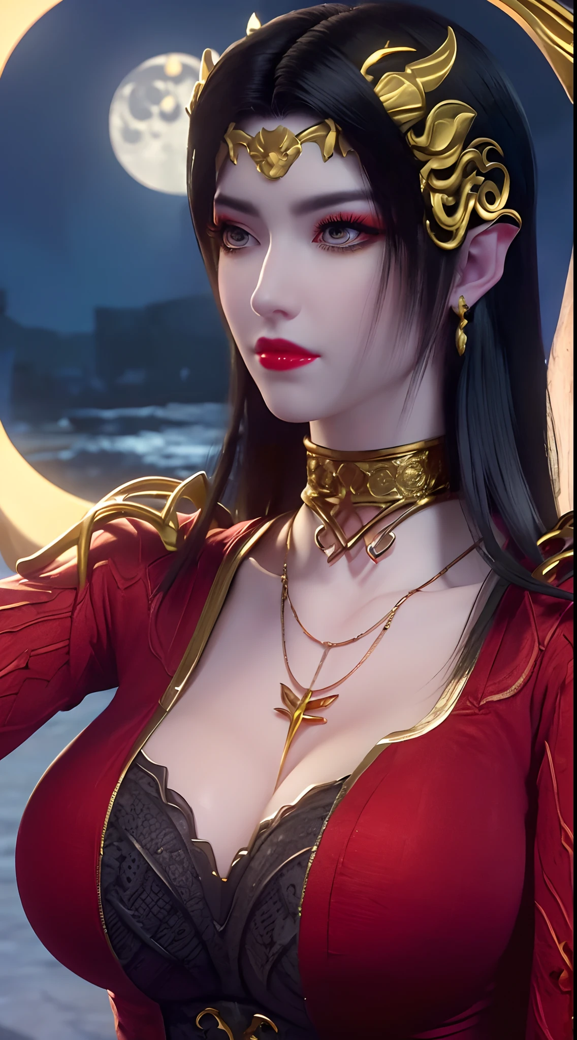 1 extremely beautiful queen, ((wears a red traditional Han costume with thin black patterns:1.6)), (((Patterns on clothes:1.6))), ((long black hair:1.6)), jewelry elaborately made from precious stones and beautiful hair, ((wearing a 24k gold lace necklace:1.4))), the noble, noble style of an extremely beautiful girl, her small face is super cute, her face is very pretty, thin eyebrows, flawless beautiful face, ((black eye pupils: 0.8)), very beautiful eyes, ((platinum blue eyes: 1.6)), (((big round eyes:1.6))), nice makeup and hair detailed eyelashes, steamy eye makeup, high nose, earrings, red lips, ((closed mouth: 1.5)) beautiful lips, slim hands, most beautiful thighs, ((arms spread out to the sides: 1.5)), rosy face, clean face, flawless beautiful face, smooth white skin, (big breasts: 1.5)), ((high breasts: 1.6)), tight breasts, beautiful cleavage, (((big breasts and super round: 1.8))), ((super tight breasts: 1.7)) , beautiful breasts, perfect body, back arms, chest out, thin black mesh stockings with black lace trim, 8k photo, super high quality, super realistic, super 10x pixels, optical, bright studio, bright edges, dual-tone lighting, (high-detail skin:1.2), super 8k, soft lighting, high quality, volumetric lighting, photorealistic, photorealistic high resolution, lighting, best photo, 4k, 8k quality, blur effect, smooth sharp, 10 x pixel, ((sea and moonlight at night background:1.5)), aurora, lightning, super graphics realistic, most realistic graphics, 1 girl, alone, solo, Extremely sharp image, surreal, (((frontal portrait: 1)))."