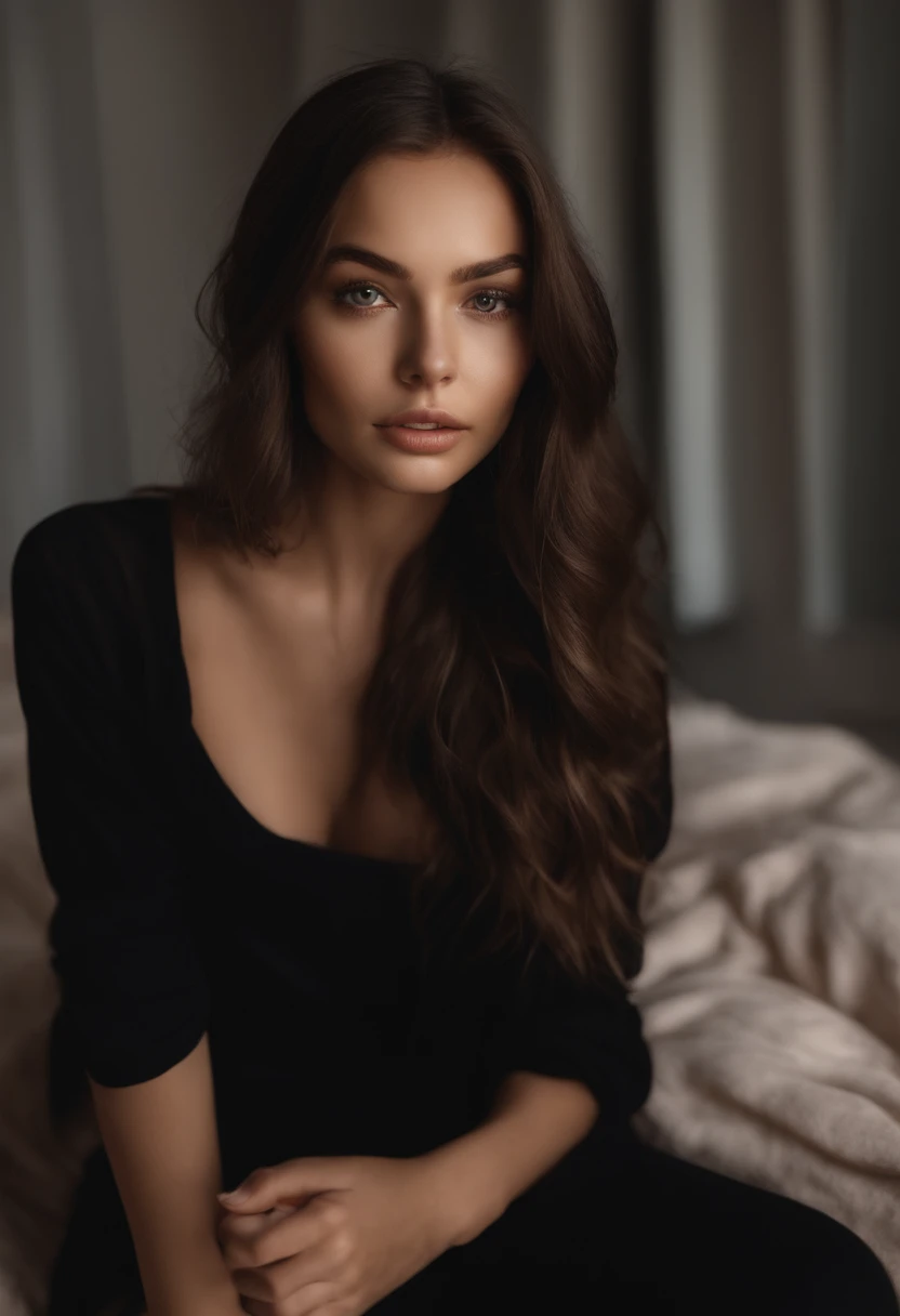 arafed woman with black clothes, sexy girl with brown eyes, portrait sophie mudd, brown hair and large eyes, selfie of a young woman, bedroom eyes, violet myers, without makeup, natural makeup, looking directly at the camera, face with artgram, subtle makeup, stunning full body shot, in bedroom, cleavage