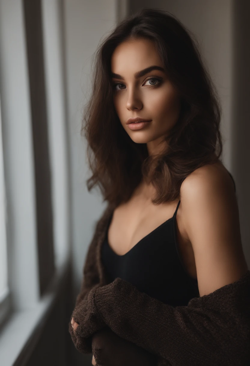 Woman with black clothes, fille sexy aux yeux bruns, Portrait Sophie Mudd, cheveux bruns et grands yeux, selfie of a young woman, Yeux de chambre, sans maquillage, maquillage naturel, looking straight at camera, Maquillage subtil, Superbe photo du corps entier, dans la chambre, de face,