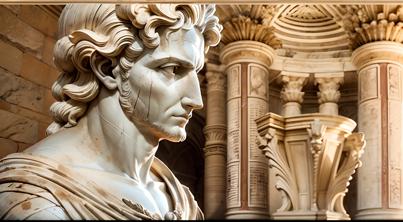 Seneca, Villa romana del siglo 1, Sosteniendo un pergamino, stoic expression, historic portrait, Arte romano, natural  lighting, Colores terrosos, rough brushstrokes, Detalles sencillos, Marble columns, warm sunlight, muebles de madera, Serene atmosphere, Visitantes curiosos, Philosophical environment, Arquitectura romana, Classical sculptures, ropa modesta, Ambiente digno, Wise expression