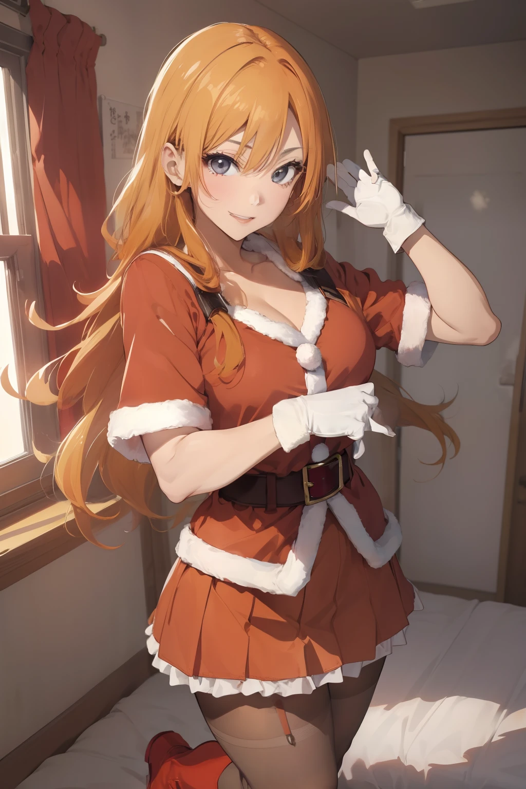 (​masterpiece、top-quality、top-quality、Beautifully Aesthetic:1.2)、ighly detailed、highestdetailed、grey  eyes、orange color hair|Semi-long blonde hair、((Santa Claus Costume))、(pantyhose)、Matsumoto Rangiku、graffiti art、Look at the viewer、A smile、Bedroom、on the beds、(long boots)、((a miniskirt))、((red clothing))、(White Long Gloves)、((Red underwear))、(((Show underwear)))