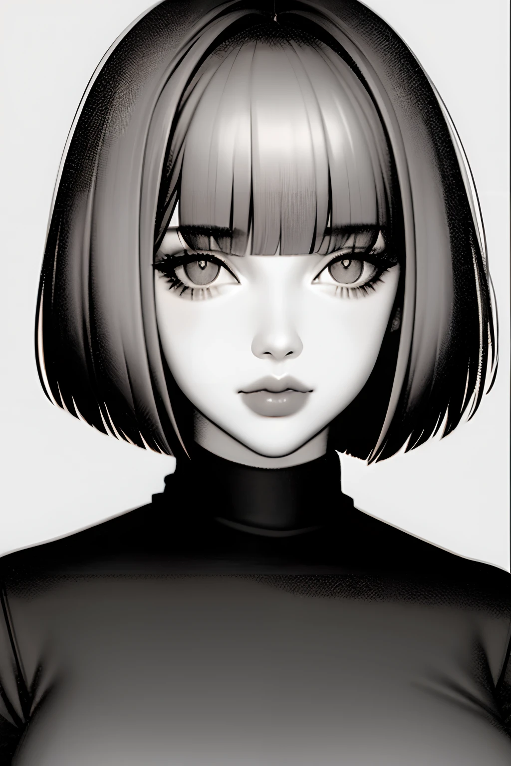 1girl, solo, monochrome, greyscale, bob cut, short hair, portrait, turtleneck, closed mouth, bangs, looking at viewer, blunt bangs, sketch, graphite \(medium\), lips, hatching \(texture\)