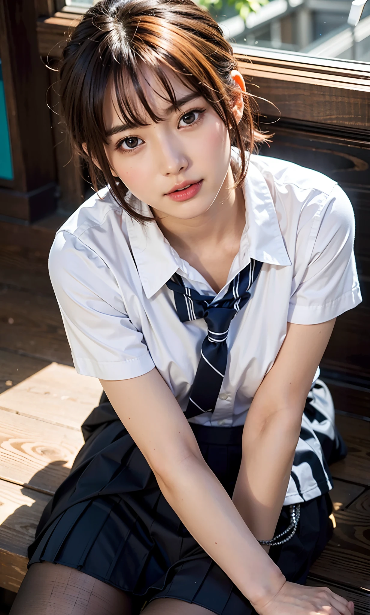 ulzang-6500-v1.1, (RAW photo:1.2), (photot-REALISTIC,:1.4), ((Take a picture with the camera from above、Looking up、stares at the camera、Gazing from above with a camera、Take a photo from the top direction))Beautiful Meticulous Girl, highly detailed eyes and faces, Beautiful detailed eyes, s ridiculous, Unbelievably ridiculous, hugefilesize, Super detailed, A high resolution, The is very detailed, highest quality, Master peace、, kemomimi, ((Japanes girl' high school uniform)), A illustration, The is very detailed, ltso, unified, 8k wallpaper, splendid, Fine details, Master peace、, highest quality, Very detailed LTSO uniform 8k wallpaper, Light on the face、 lighting、18 years old girls、((witheout panties))、((Dynamic posing)))、(Camel toes)、(Half)、(Pantyhose、、、、、、)、(sitting on legs bending knees))、short detailed hair、short detailed hair、Long neck、Put your ears out、bangs、Bigger eyes、eyeslashes、A pretty、Very lovely
