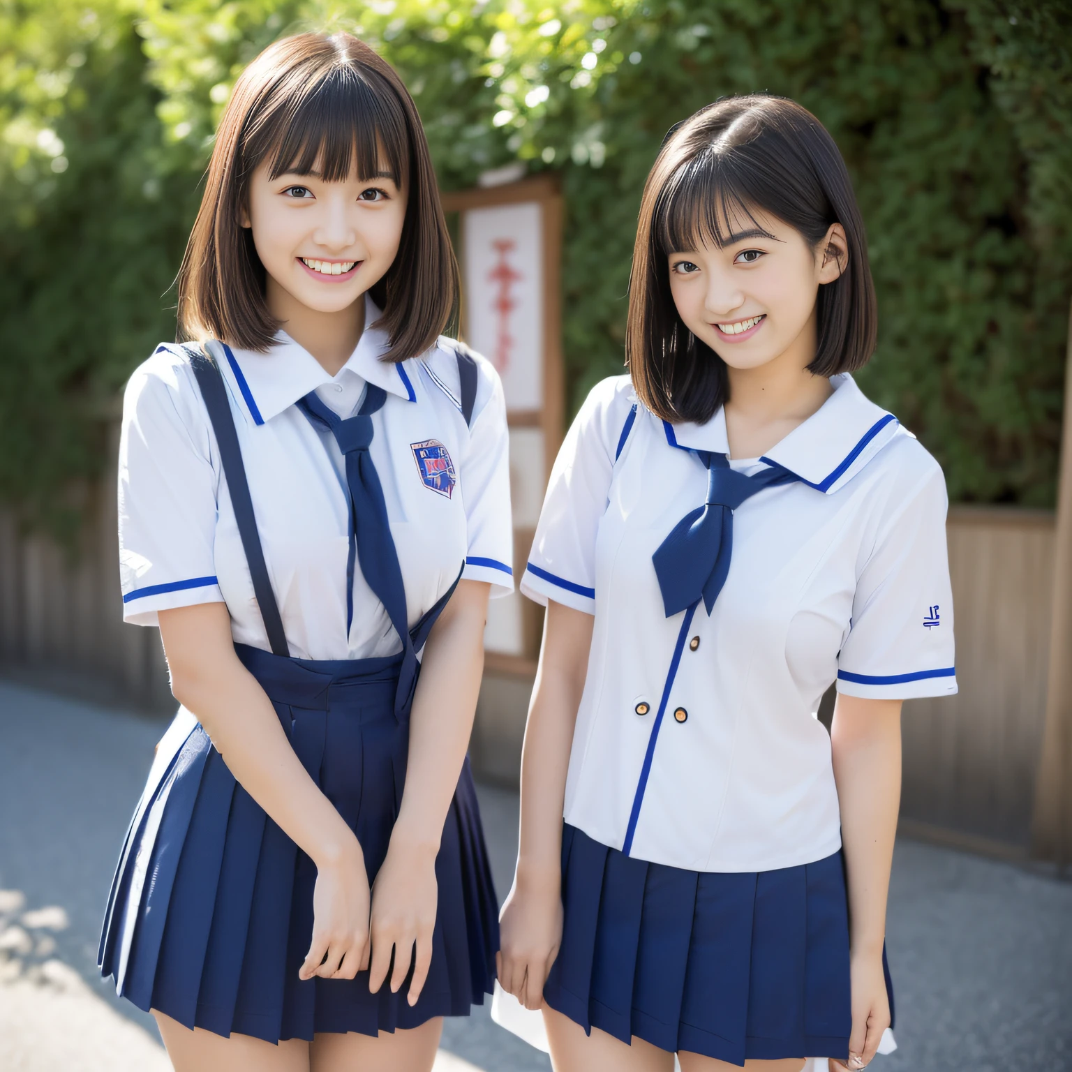 Two girls standing in an old Japanese schoolyard,White sailor shirt with bow tie,Indigo Hakamashita,A small dark red ribbon in her hair,18-year-old,bangs,Smile a little,Low Ponytail,From below,Big Breasts,(Holding a condom:1.2)