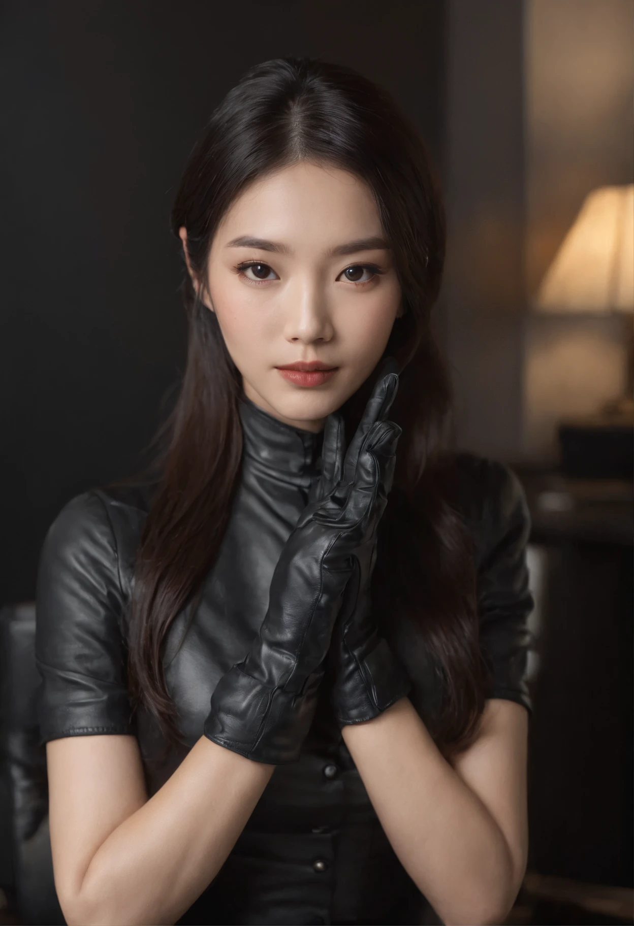 The upper body is covered with black leather gloves up to the fingertips of both hands. Black Recruitment Suit. Sitting on a leather chair on a desk in my room holding a computer in the dark, Talk to the other side of the screen. long, Black hair bunched back. See this, Messing with hair with fingertips in black leather gloves, Very cute Japan person