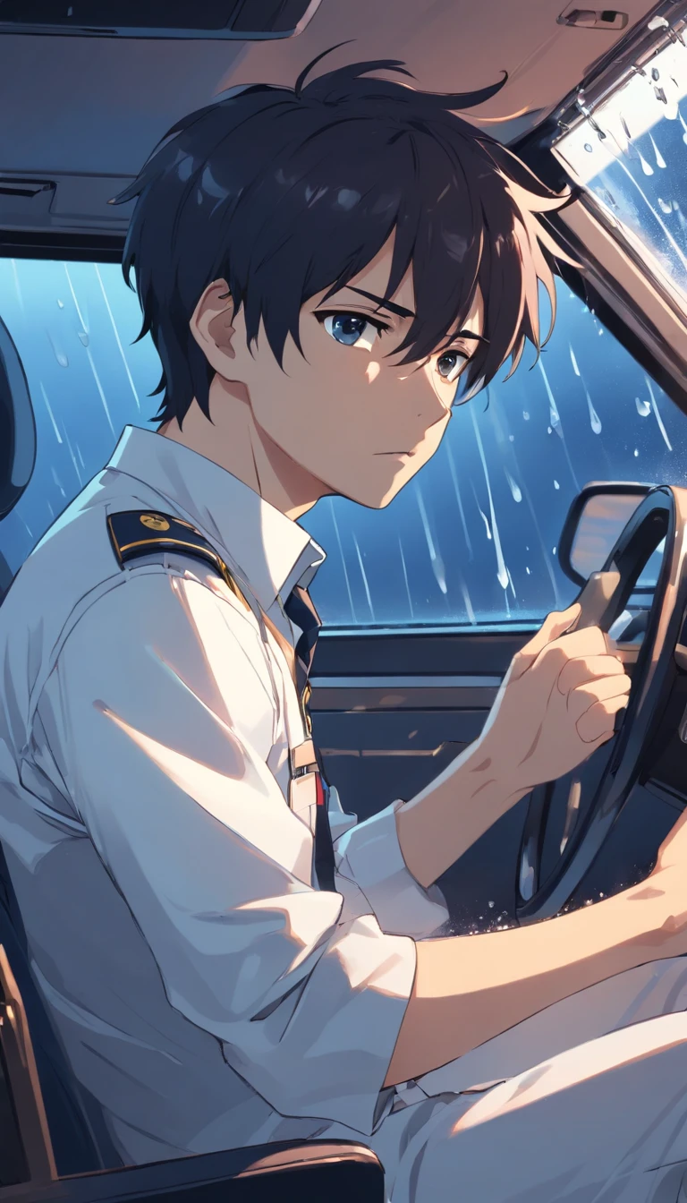 a man wearing white uniform inside the car looking frustrated, raining, angry face.