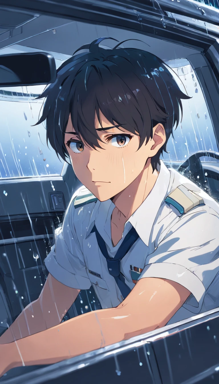 a man wearing white uniform inside the car looking frustrated, raining, angry face.