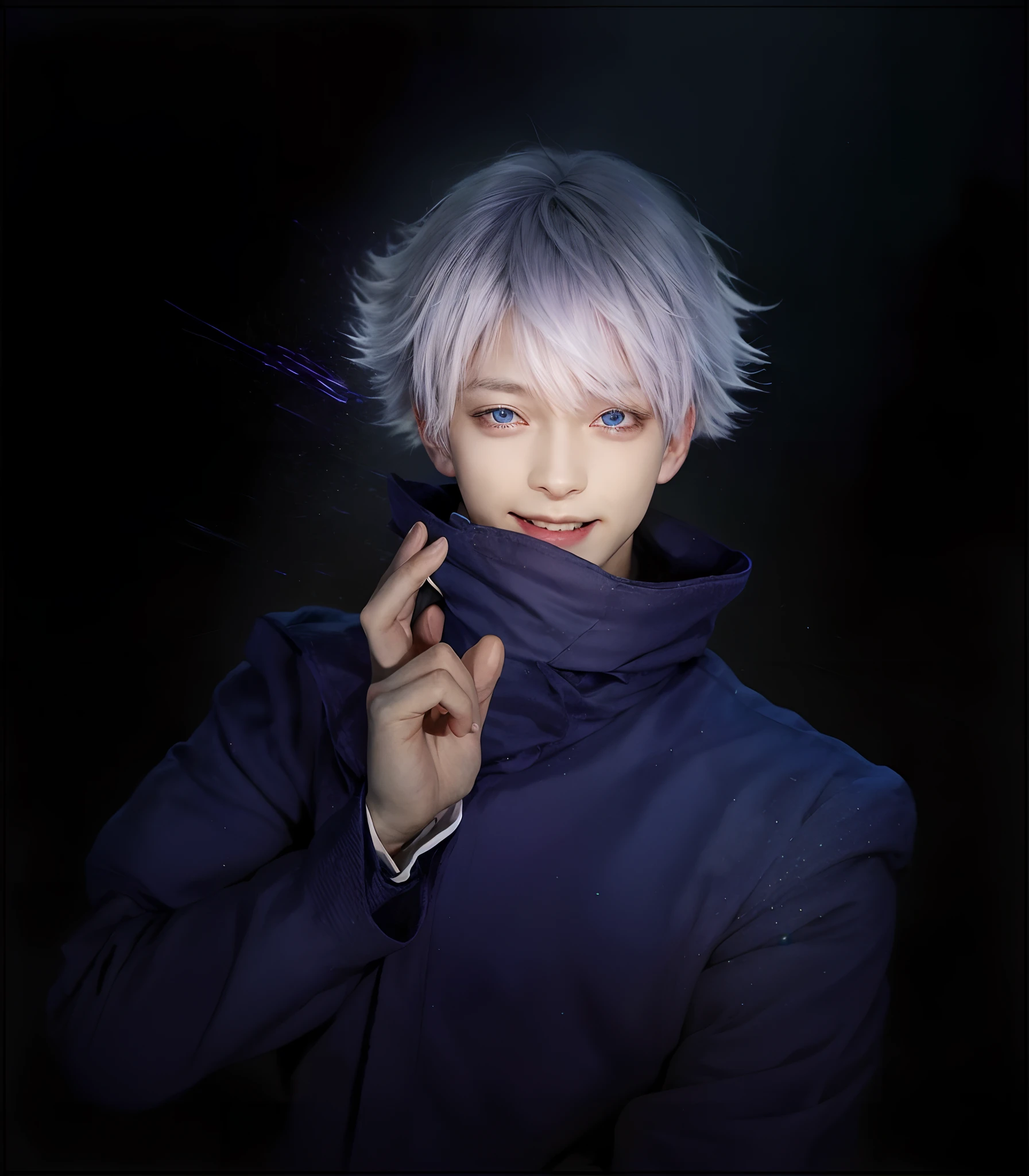 1man, gojo satoru in anime jujutsu kaisen, short hair , white hair, blue ligth eyes, handsome, smile, purple clothes, realistic clothes, detail clothes, city background, ultra detail, realistic