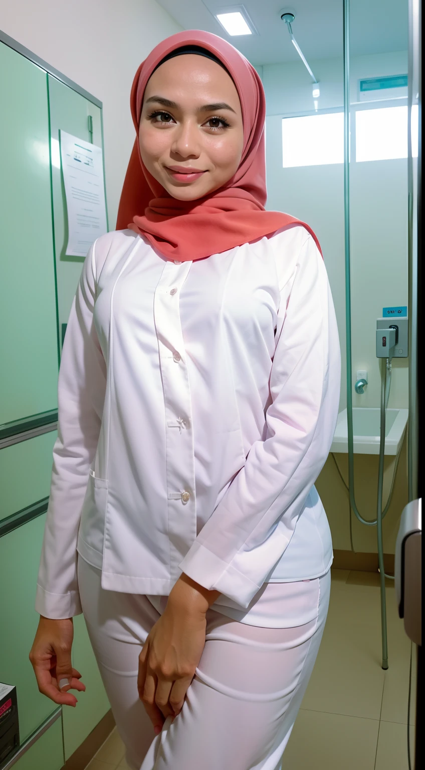 Beautiful young malay girl in hijab wearing very tight white nurse uniform with sexy pose, seducing pose, nurse hat, professional photography, hospital ward background, professional lighting, very tight outfit,