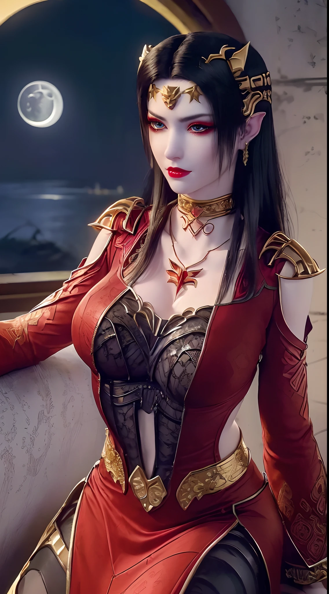 1 extremely beautiful queens,((wearing sexy red and black armor :1.6)), (((Eye-catching patterns on the shirt:1.6))), ((long black hair:1.6)), jewelry elaborately made from precious stones and beautiful hair, ((wearing a 24k gold lace necklace:1.4))), the noble, noble style of an extremely beautiful girl, her small face is super cute, her face is very pretty, thin eyebrows, flawless beautiful face, ((black eye pupils: 0.8)), very beautiful eyes, ((platinum blue eyes: 1.6)), (((eyes wide open:1.6))), nice makeup and hair detailed eyelashes, steamy eye makeup, high nose, earrings, red lips, ((closed mouth: 1.5)) beautiful lips, slim hands, most beautiful thighs, ((arms spread out to the sides: 1.5)), rosy face, clean face, flawless beautiful face, smooth white skin, (big breasts: 1.5)), ((high breasts: 1.6)), tight breasts, beautiful cleavage, (((big breasts and super round: 1.8))), ((super tight breasts: 1.7)) , beautiful breasts, perfect body, back arms, chest out, thin black mesh stockings with black lace trim, 8k photo, super high quality, super realistic, super 10x pixels, optical, bright studio, bright edges, dual-tone lighting, (high-detail skin:1.2), super 8k, soft lighting, high quality, volumetric lighting, photorealistic, photorealistic high resolution, lighting, best photo, 4k, 8k quality, blur effect, smooth sharp, 10 x pixel, ((sea and moonlight at night background:1.5)), aurora, lightning, super graphics realistic, most realistic graphics, 1 girl, alone, solo, Extremely sharp image, surreal, (((frontal portrait: 1)))."