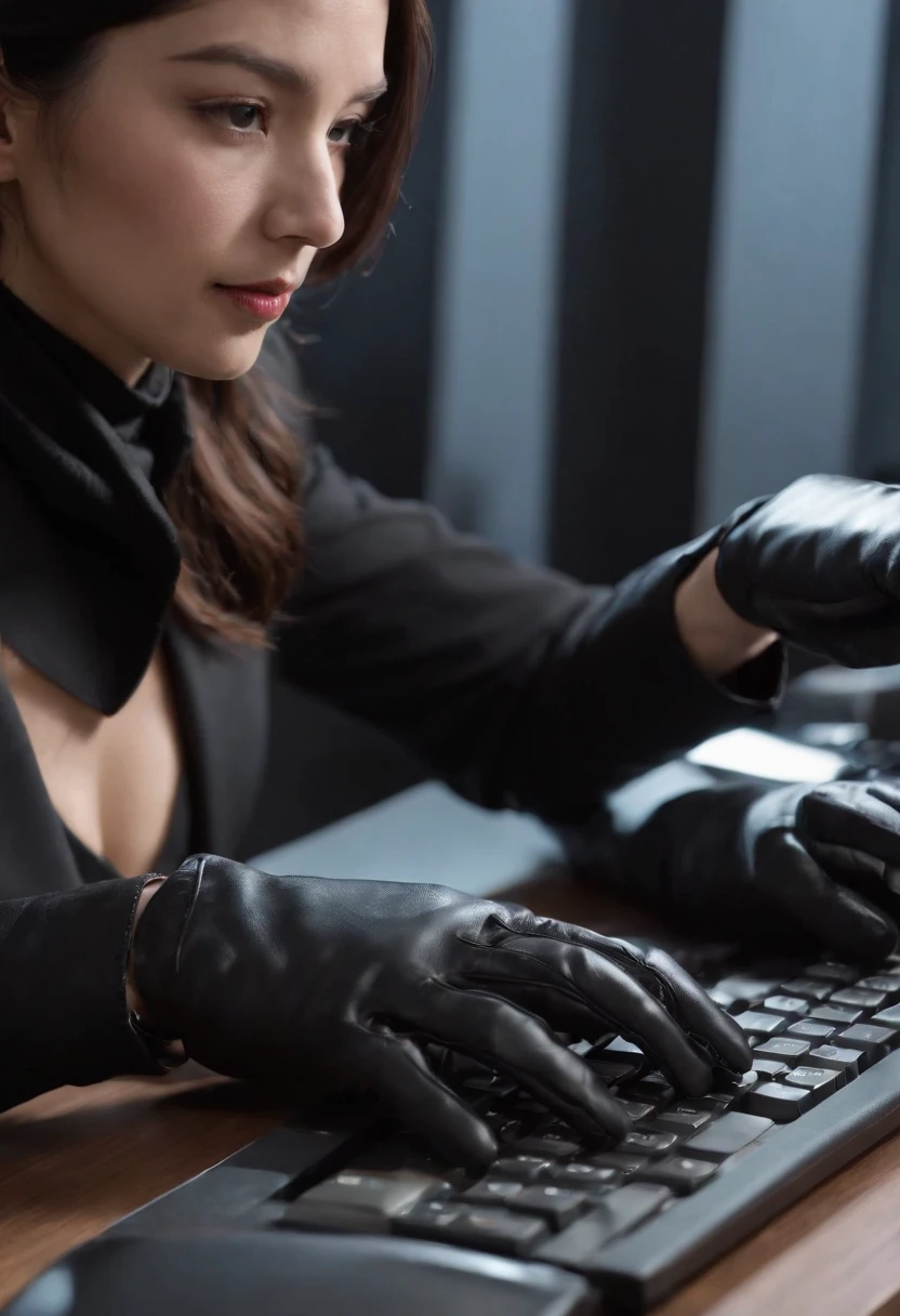 Wearing black leather gloves on both hands, Upper body, Black business suit, Facing the desk in my room with a computer in the dark, Tapping the keys on the computer keyboard with the fingertips of black leather gloves while looking at the screen, Black hair was tied back for a long time, Japan female new employees (Black leather gloves cover both hands) (The angle is in front)